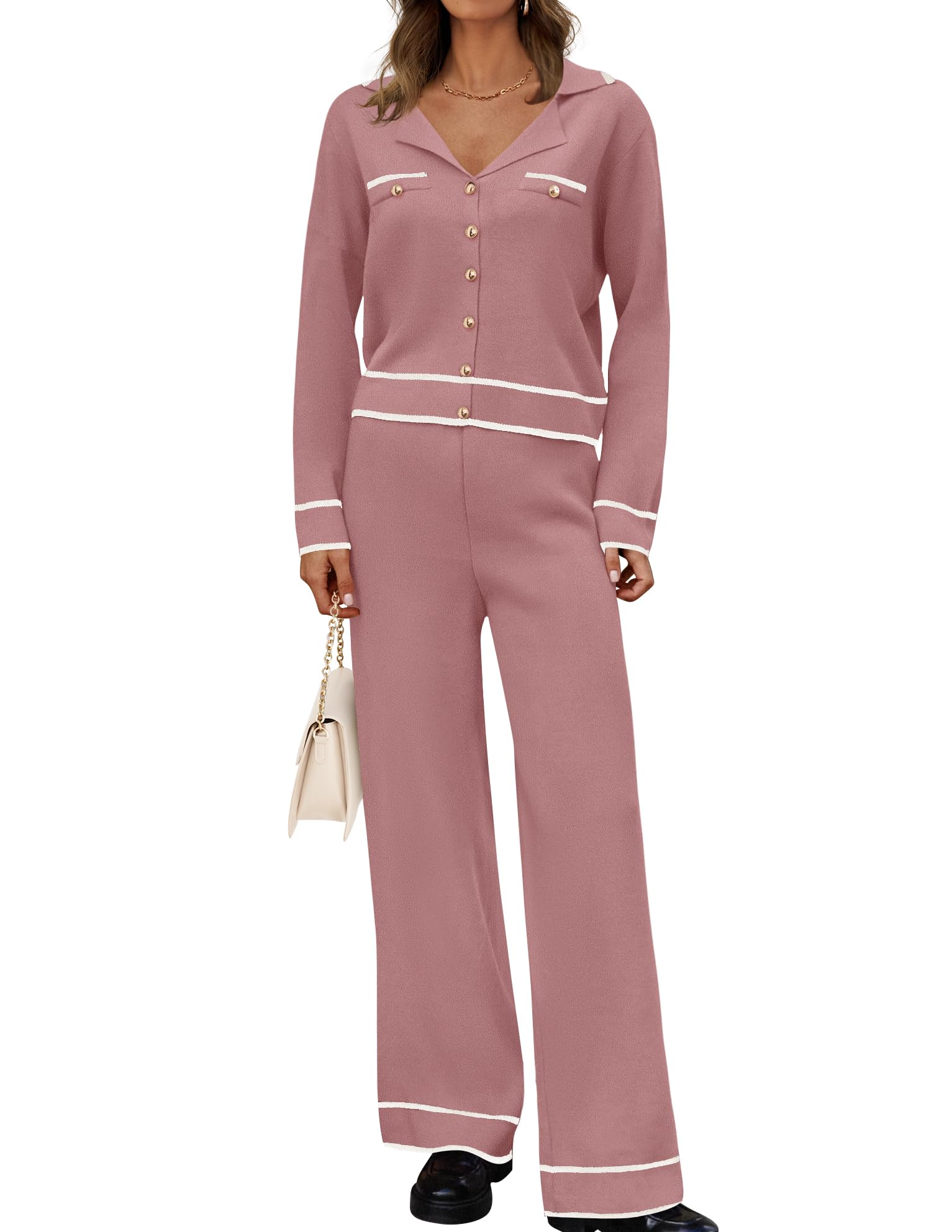 Luxuii Casual Long Sleeve V Neck Sweater Shirts Matching Lounge Sets