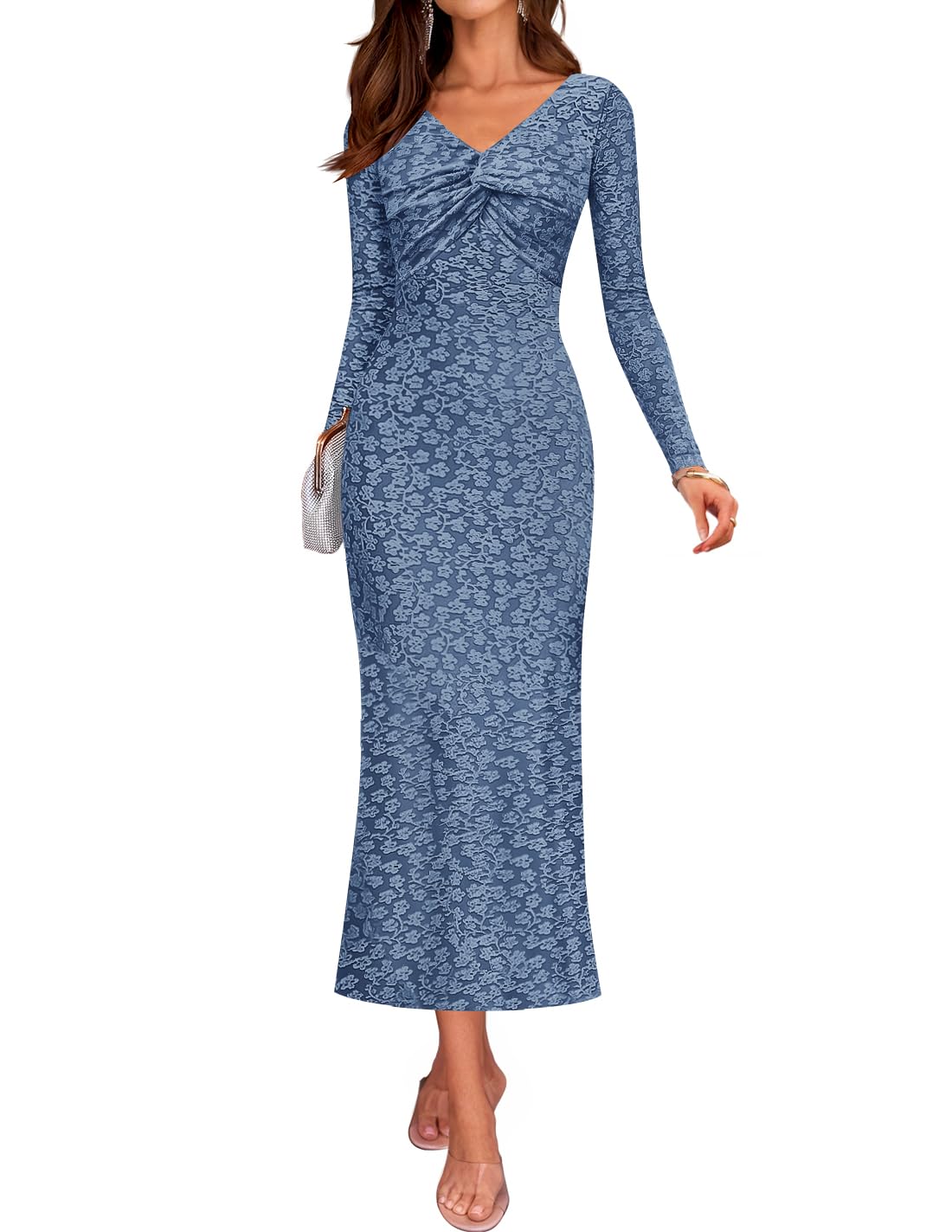 Luxuii Floral Long Sleeve Bodycon Boho V Neck Cocktail PartyDresses
