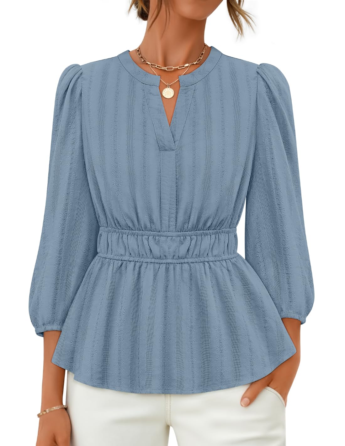 Luxuii 3/4 Length Sleeve V Neck Peplum Blouses Dressy Work Shirts