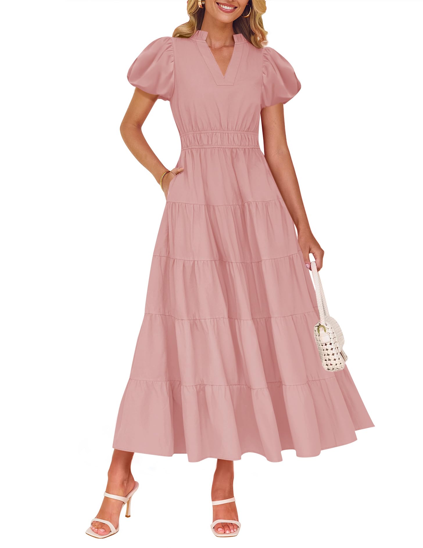 Luxuii Puff Short Sleeve V Neck Ruffle Tiered Flowy Boho Dresses