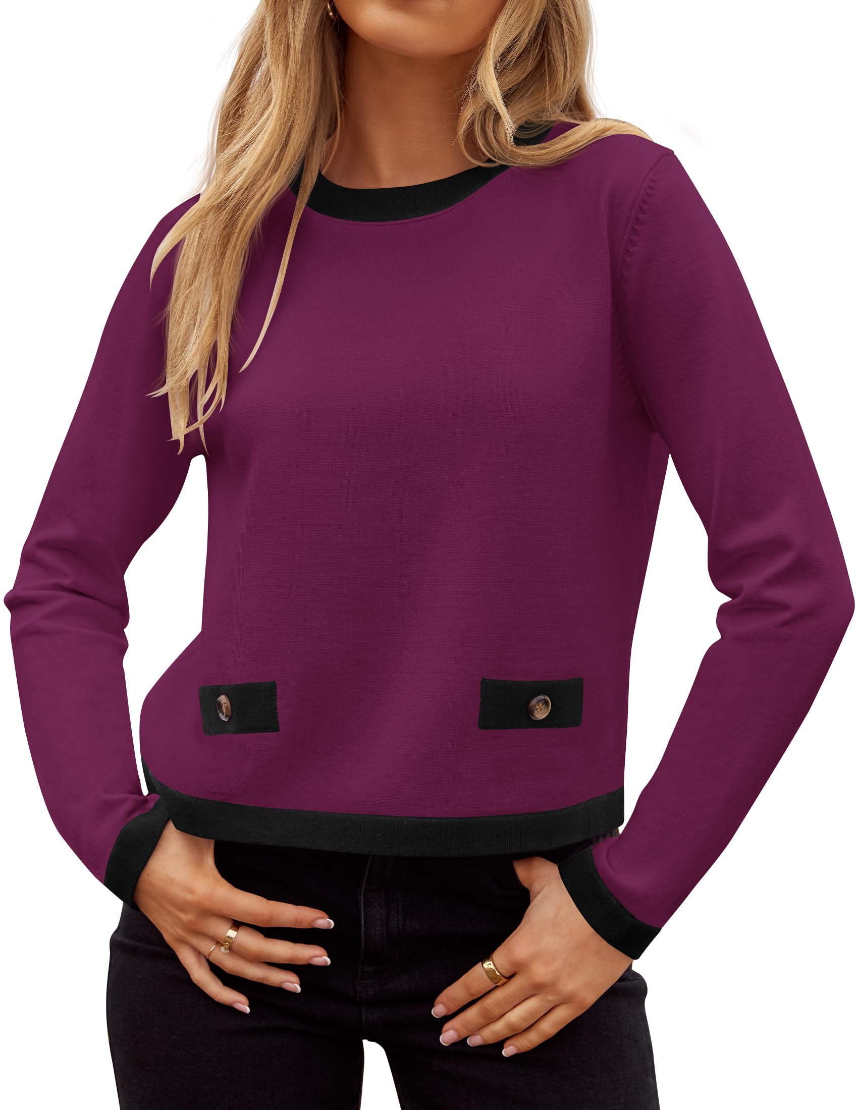 Luxuii Fall Crewneck Knit Color Block Lightweight Tops