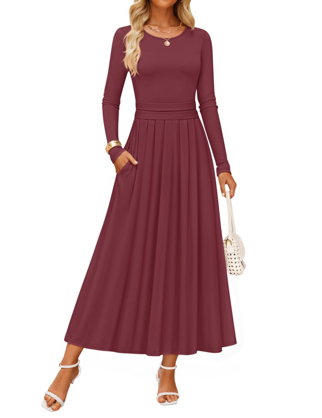 Luxuii Elegant Crewneck Knit High Wasit Pleated Flowy A Line Dresses