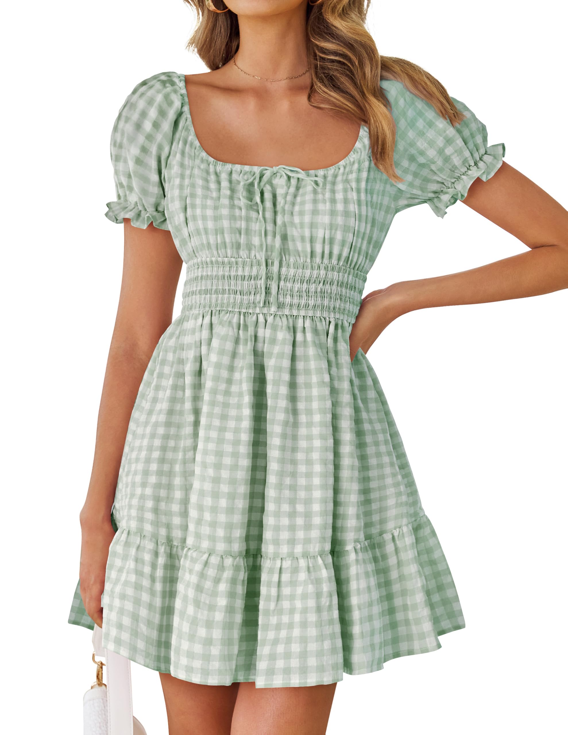 Luxuii Square Neck Puff Sleeve Plaid Ruffle Flowy Smocked Dresses