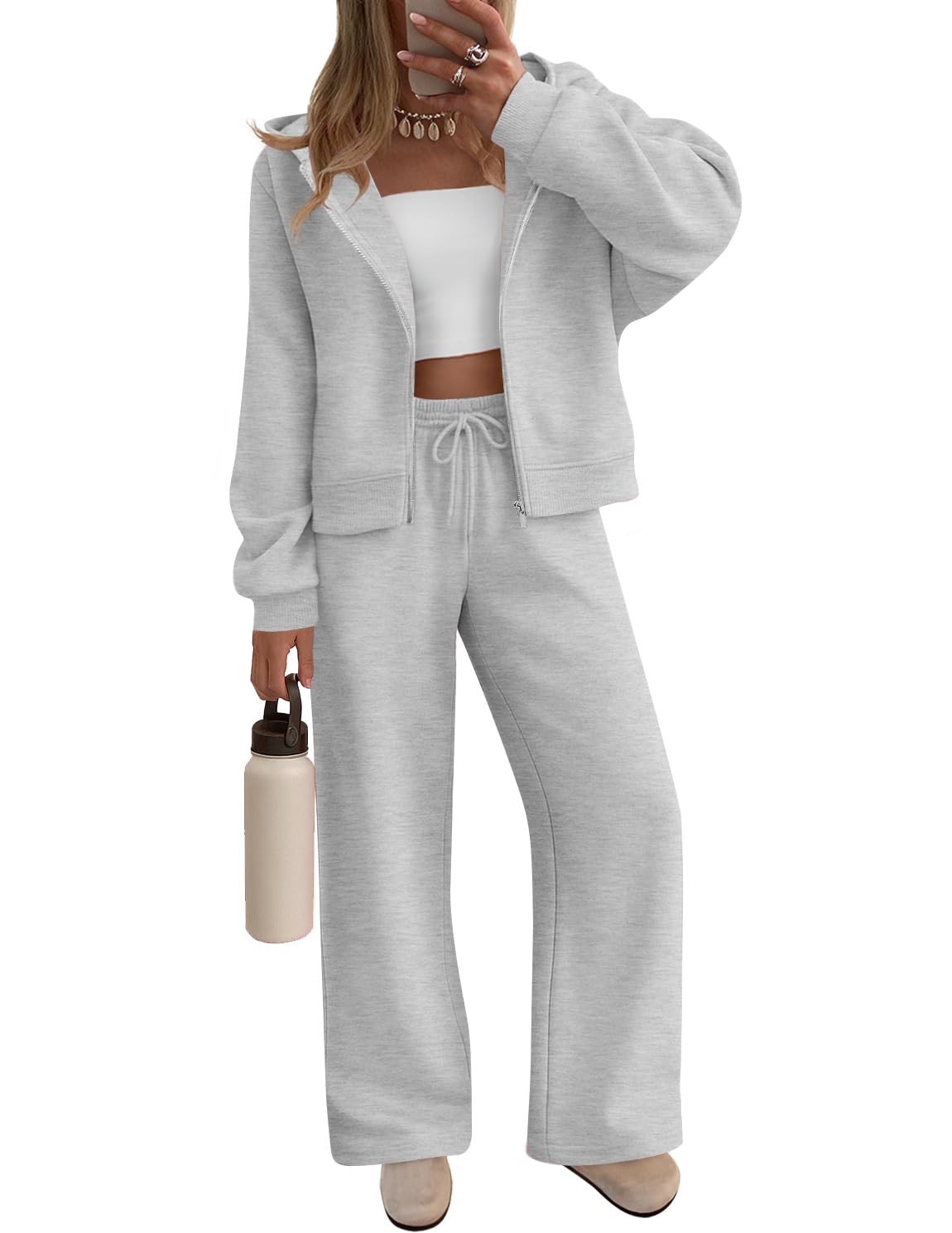 Luxuii Fleece Hoodie Zip Up Sweatshirt Long Sweatpant Matching Set