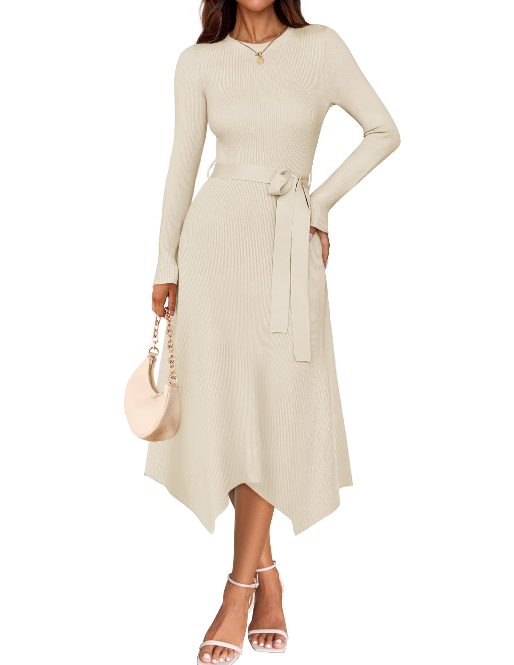 Luxuii Crewneck Ribbed Knit High Waist Midi Sweater Dresses