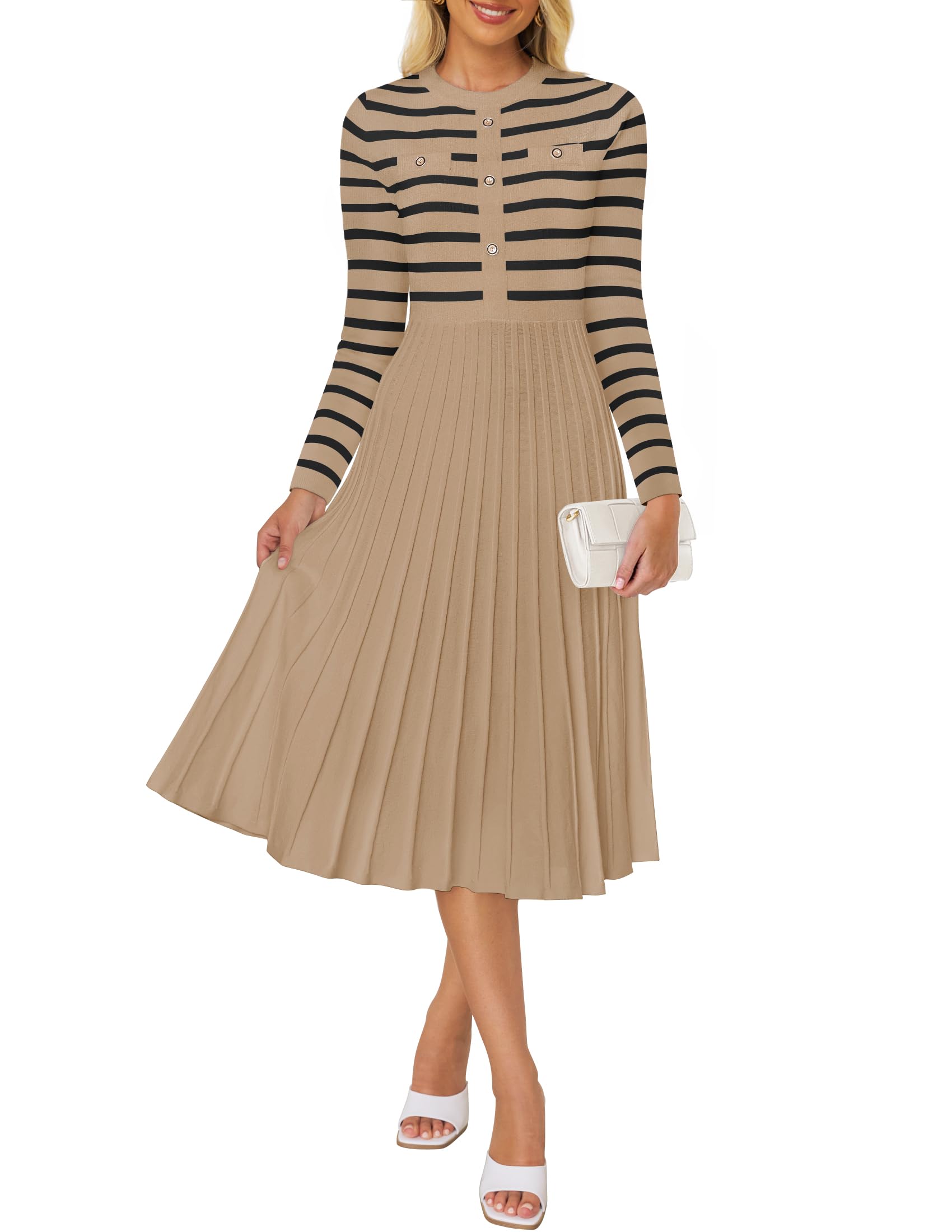 Luxuii Striped Crewneck Button Ribbed Knit Sweater Dress