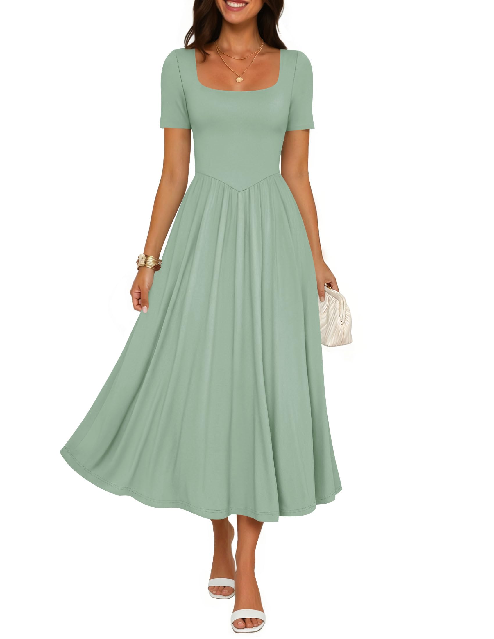 Luxuii Guest Elegant Classy Square Neck Short Sleeve Cocktail Party Midi Dress