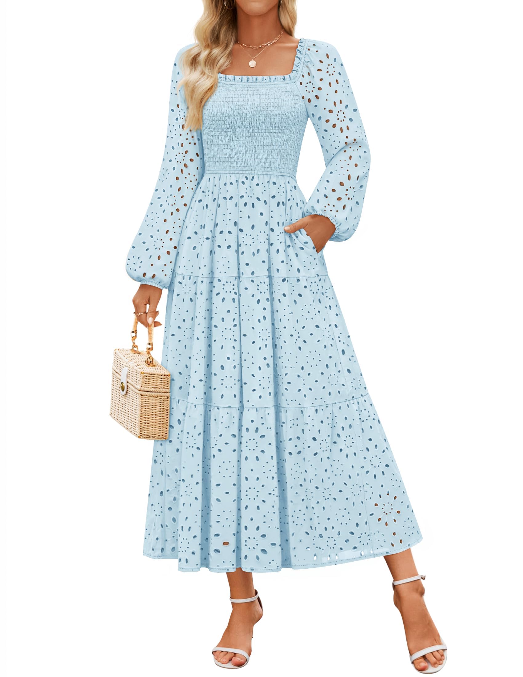 Luxuii Square Neck Hollow Out Eyelet Smocked A Line Boho Dress