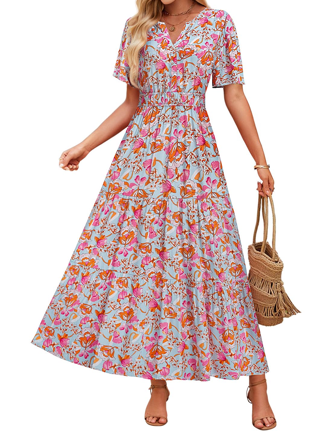 Luxuii Floral Print Short Sleeve V Neck High Waist Boho Dress