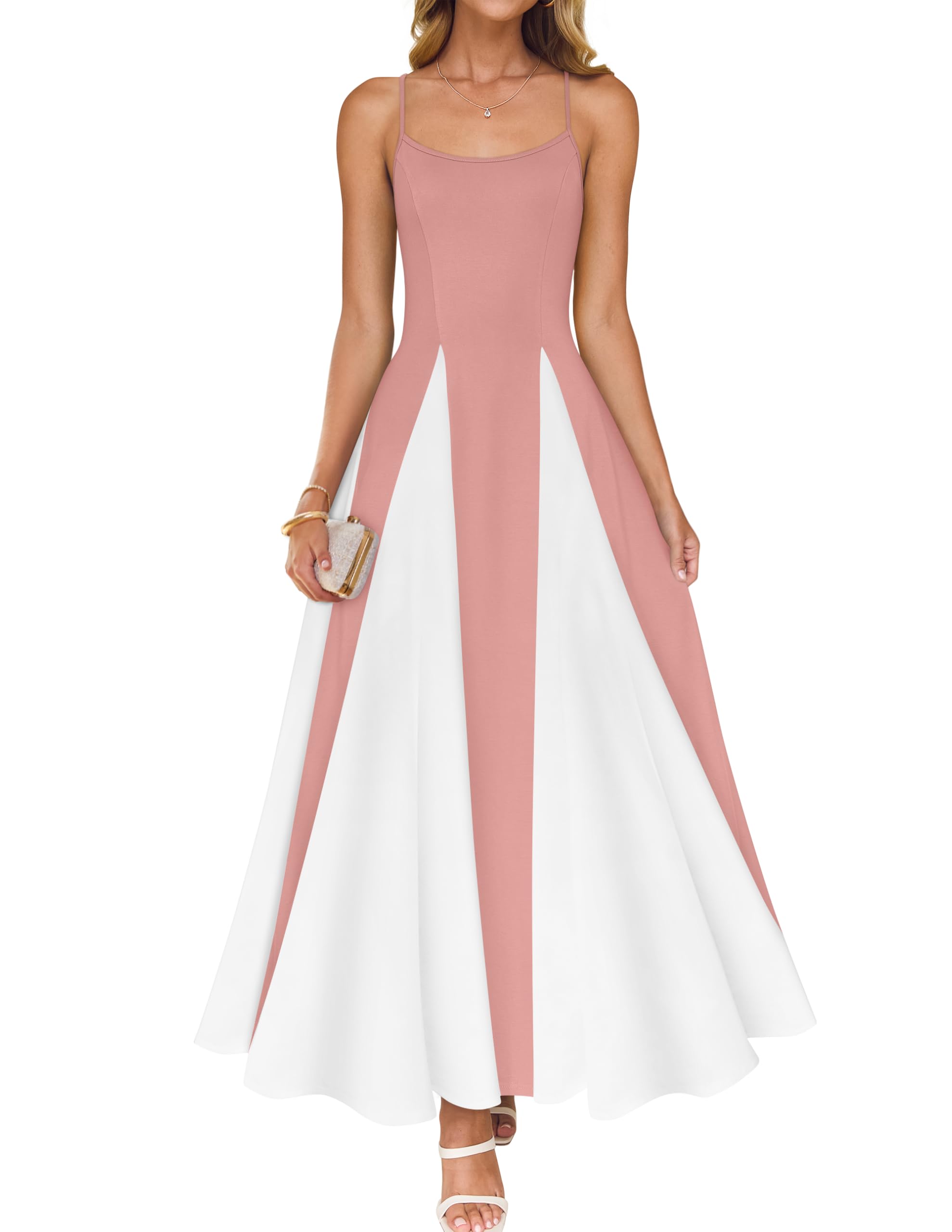 Luxuii Spaghetti Strap Sleeveless Color Block A Line Flowy Dresses