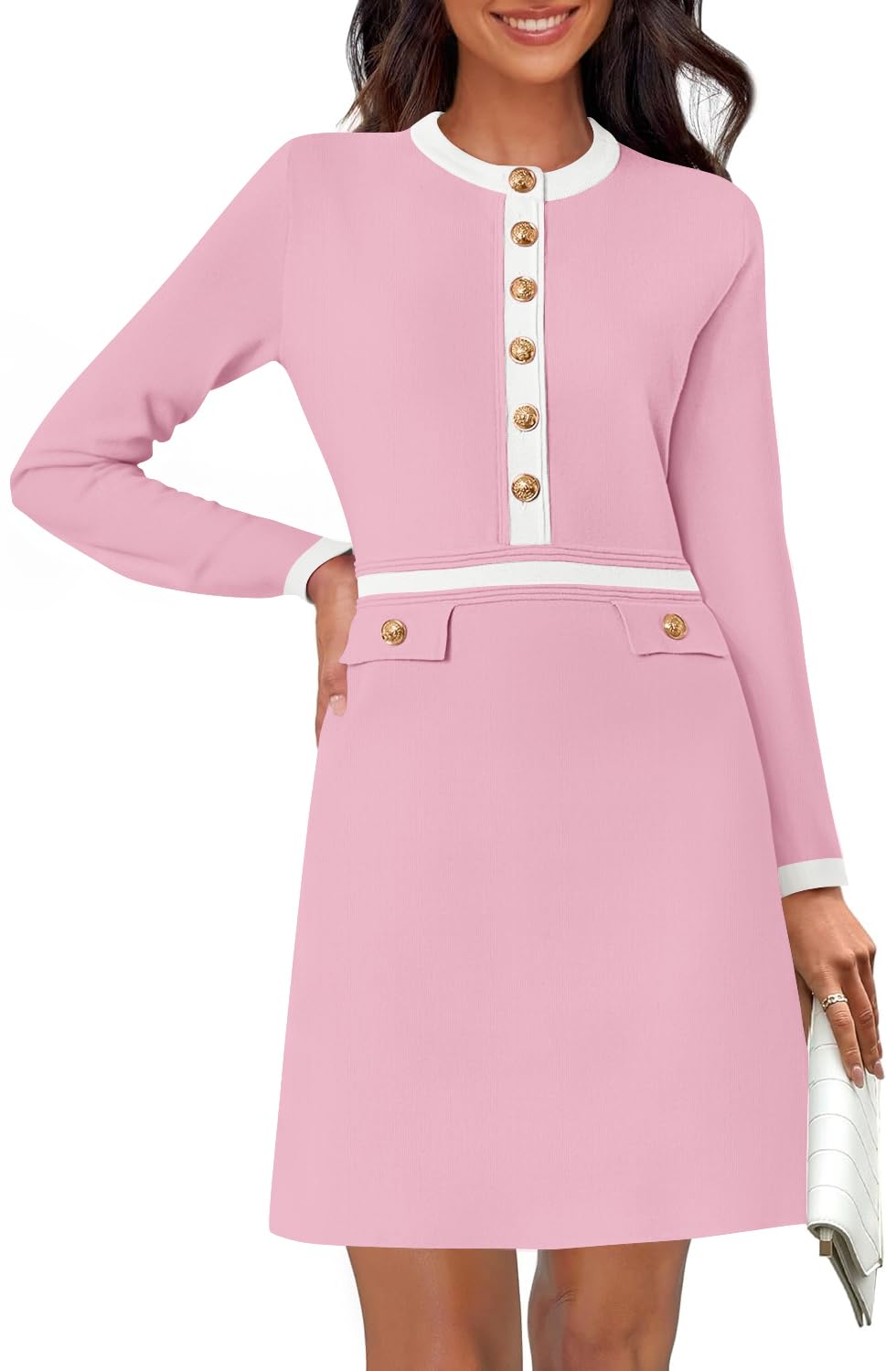 Luxuii Crewneck Button Knit Color Block Party Mini Dresses