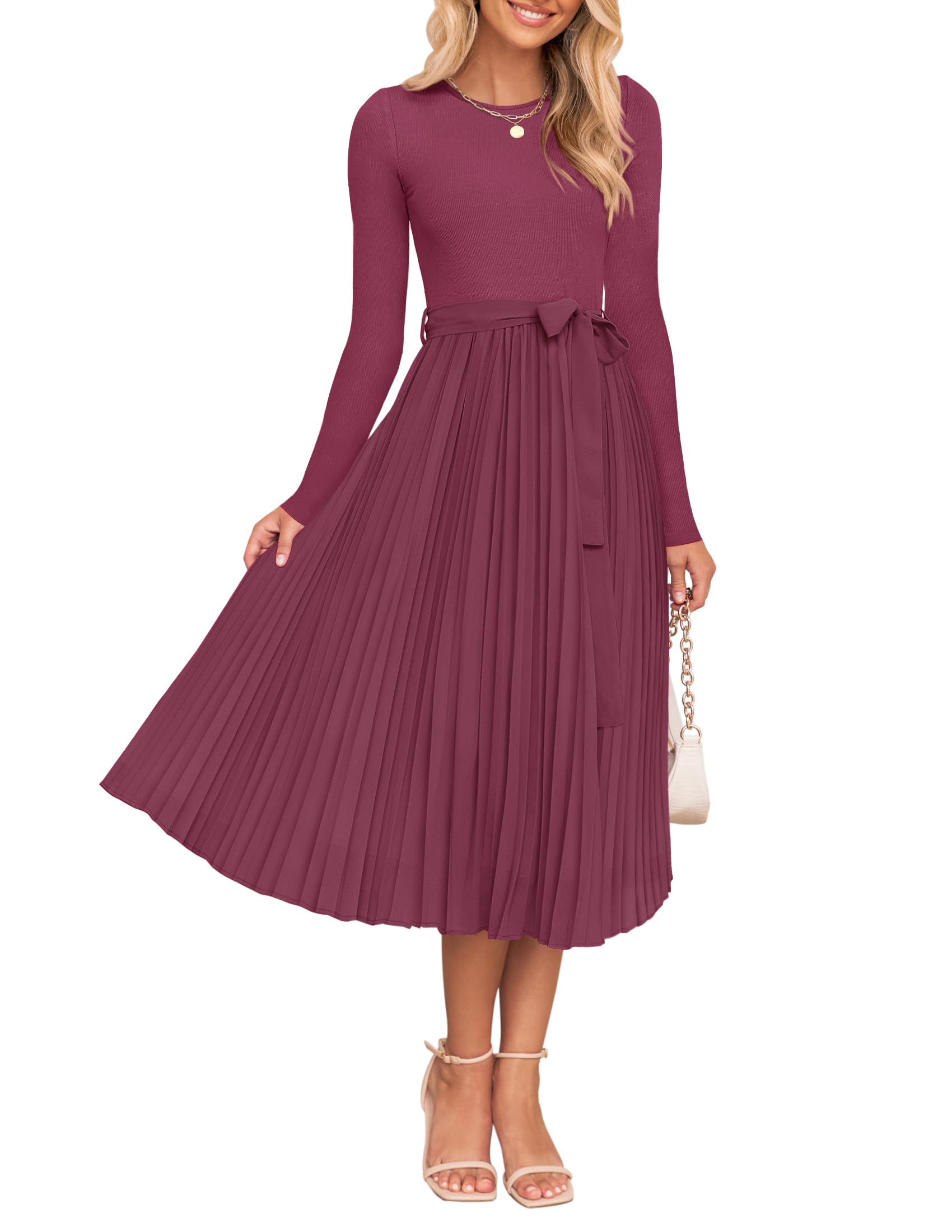 Luxuii Casual Crewneck Knit Belted Pleated A Line Flowy Sweater Dresses