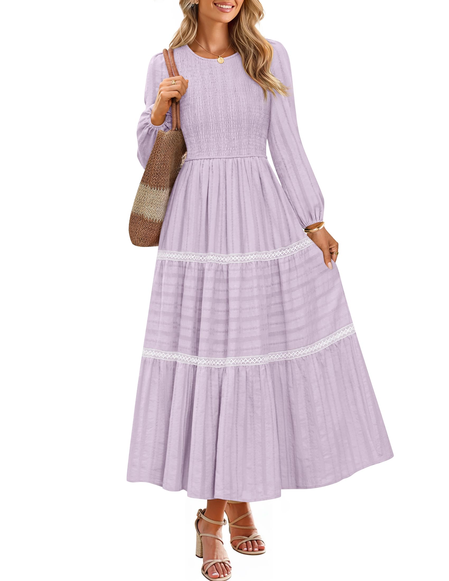 Luxuii Crewneck Smocked A Line Tiered Flowy Wedding Long Dress