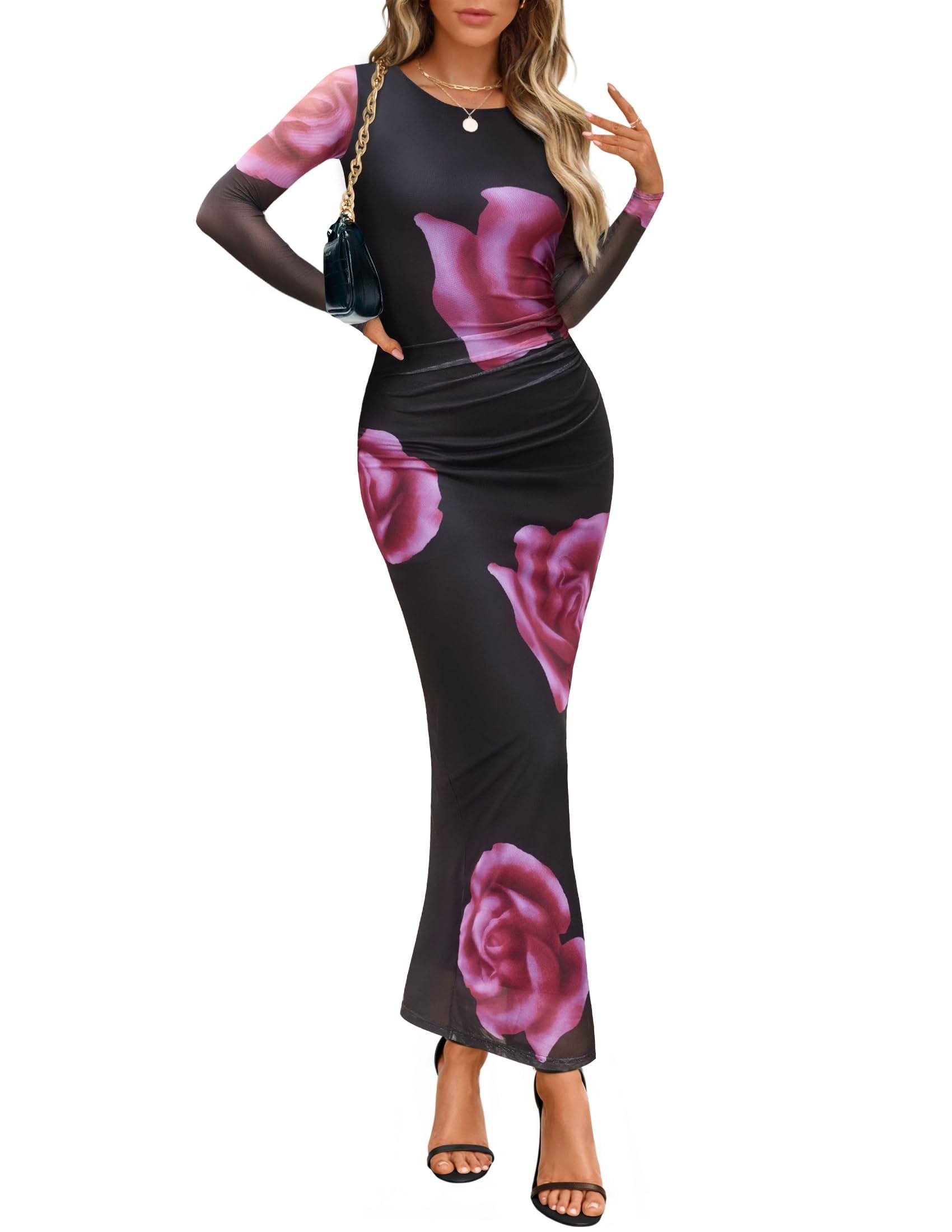 Luxuii Floral Fall Bodycon Crewneck Side Slit Ruched Fitted Party Dress