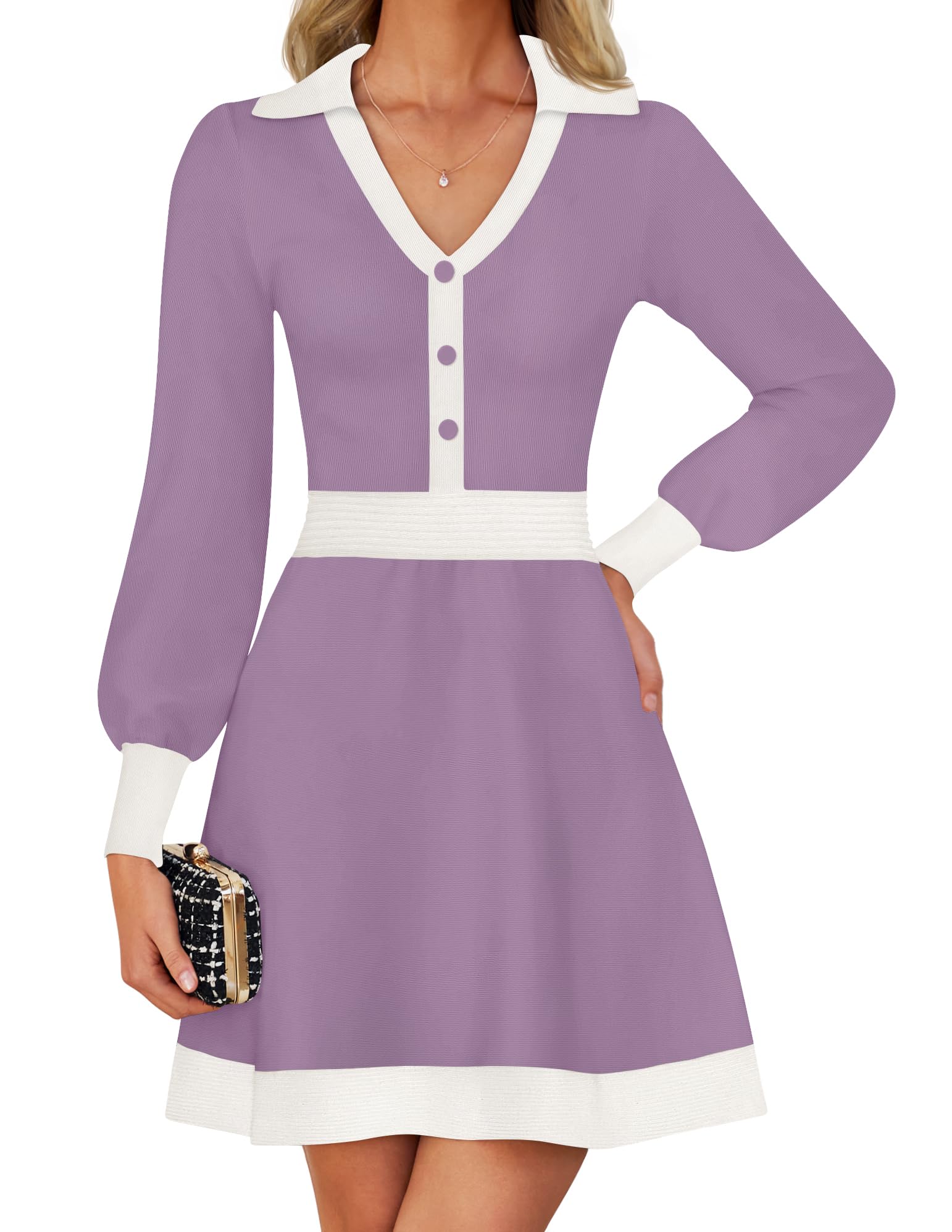 Luxuii V Neck Sweater Dress Collar Ribbed Knit Mini Dresses