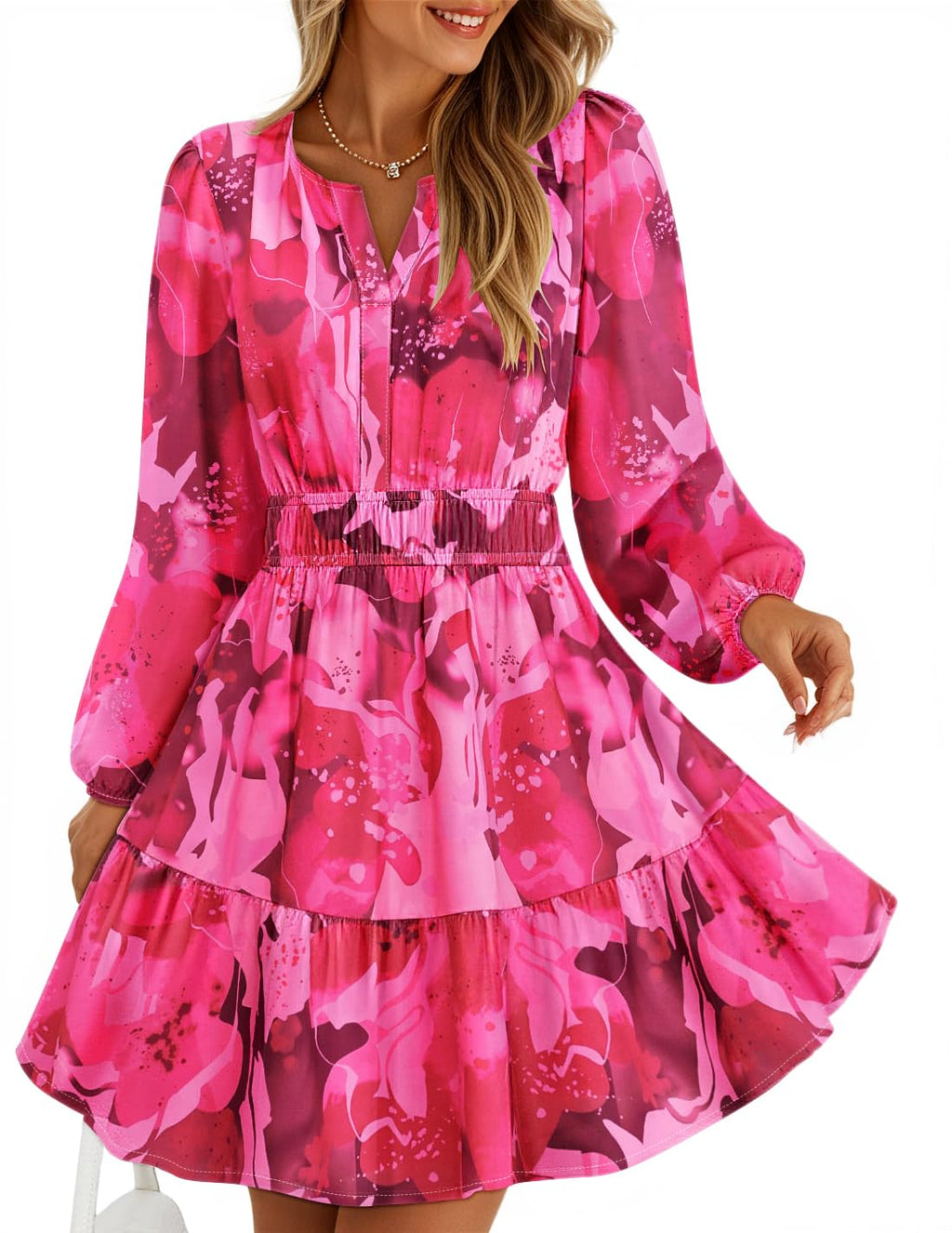 Luxuii Floral V Neck Smocked A Line Flowy Boho Mini Dresses