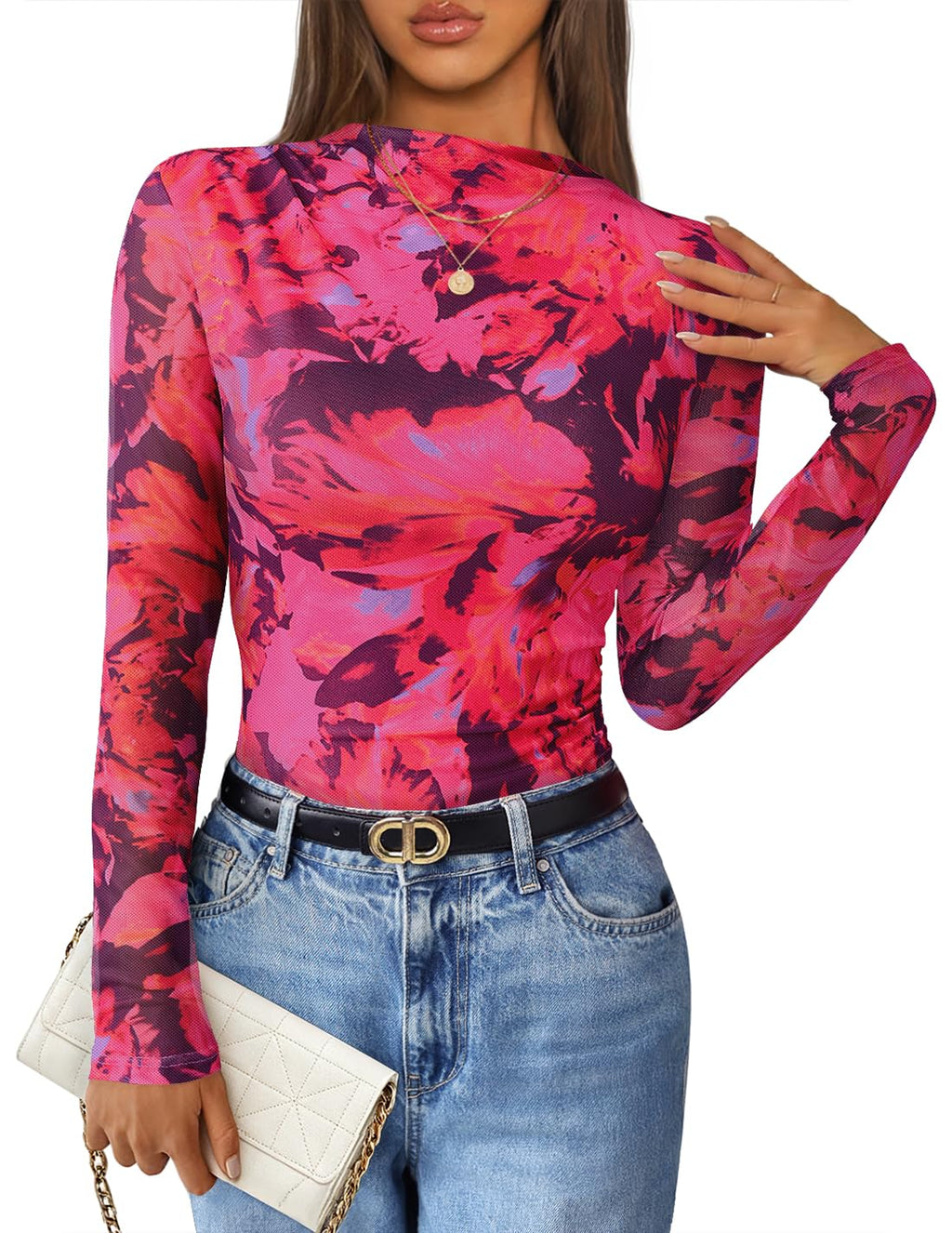 Luxuii Floral Fall Mesh Mock Neck Ruched Fitted Shirts