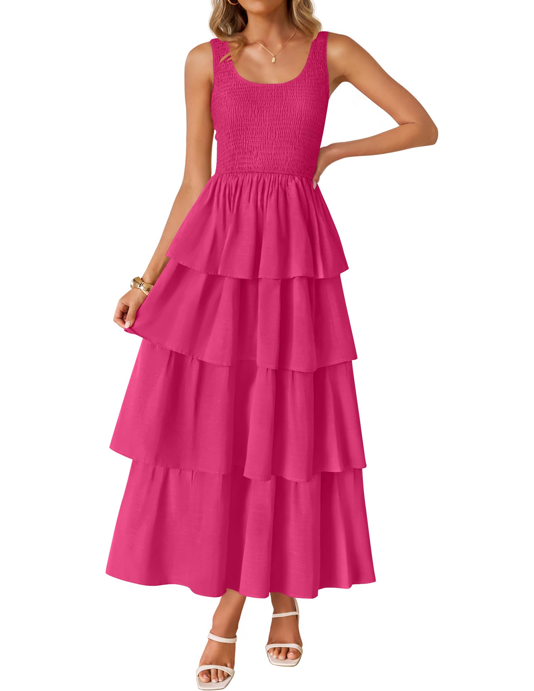 Luxuii Scoop Neck Ruffle Tiered Layered Swing Long Beach Dresses