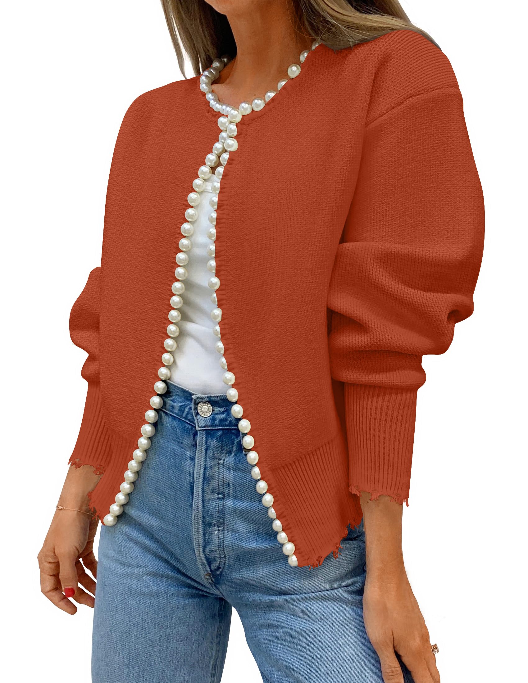 Luxuii Open Front Casual Knitted Long Sleeve Pearls Trim Coat