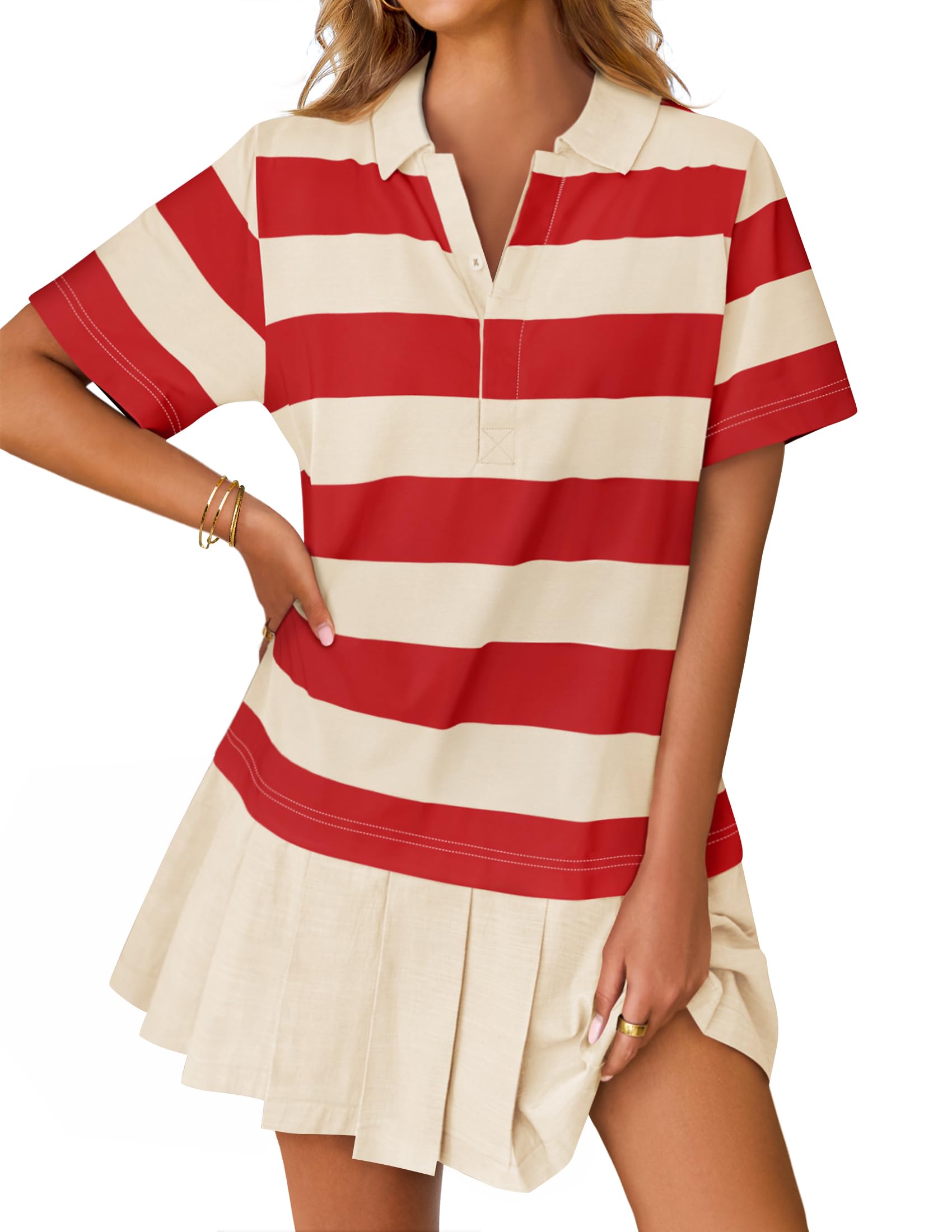 Luxuii Short Sleeve Tunic Shirt Striped V Neck Pleated Y2K Mini Dresses