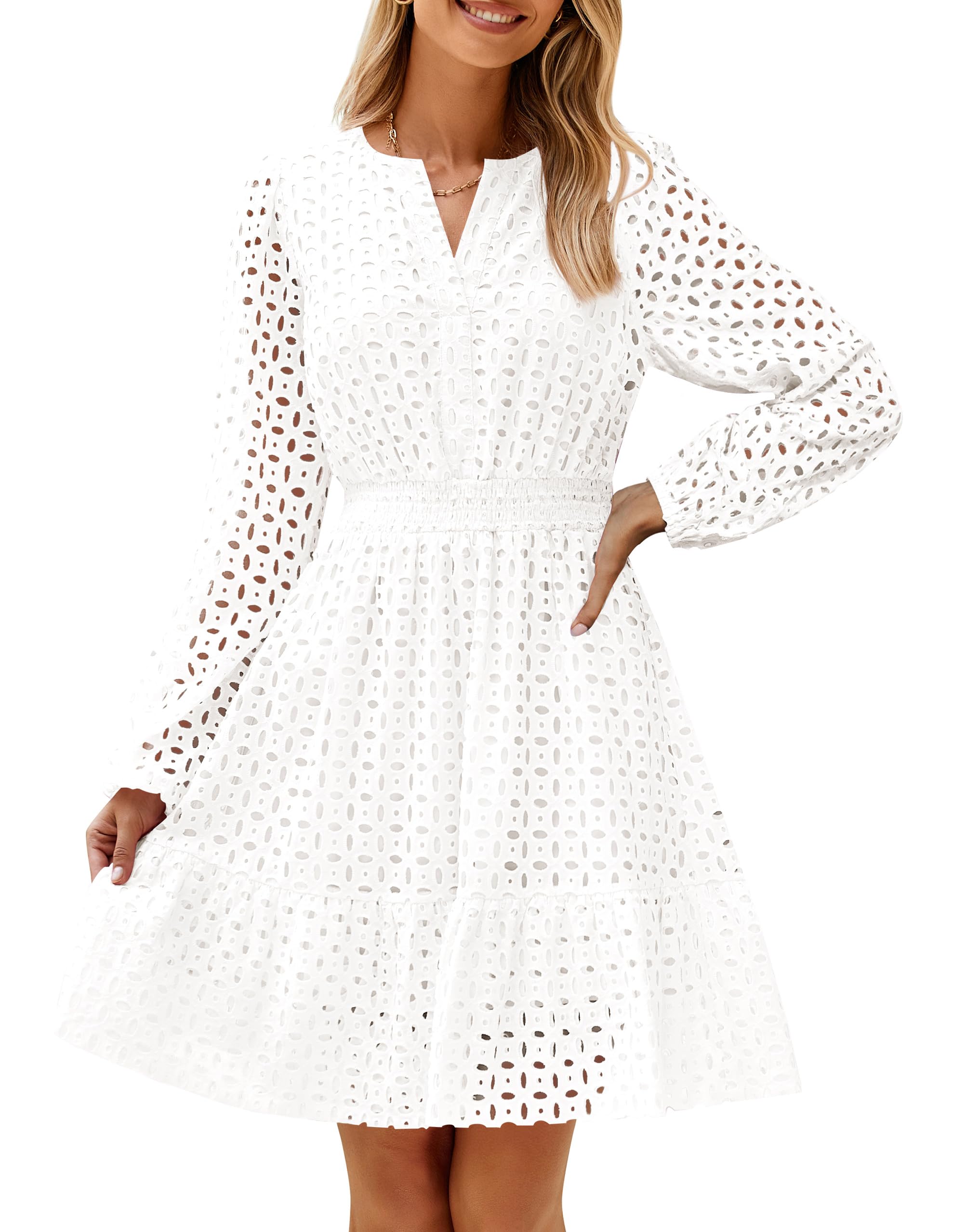 Luxuii V Neck Hollow Out Eyelet Embroidery Ruffle Short Dresses