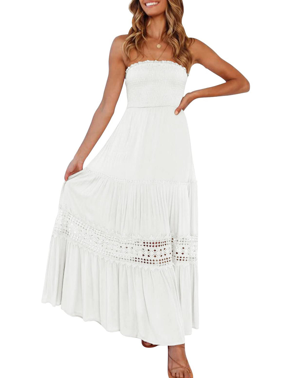 Luxuii Bohemian Strapless Lace Trim Backless Maxi Dress