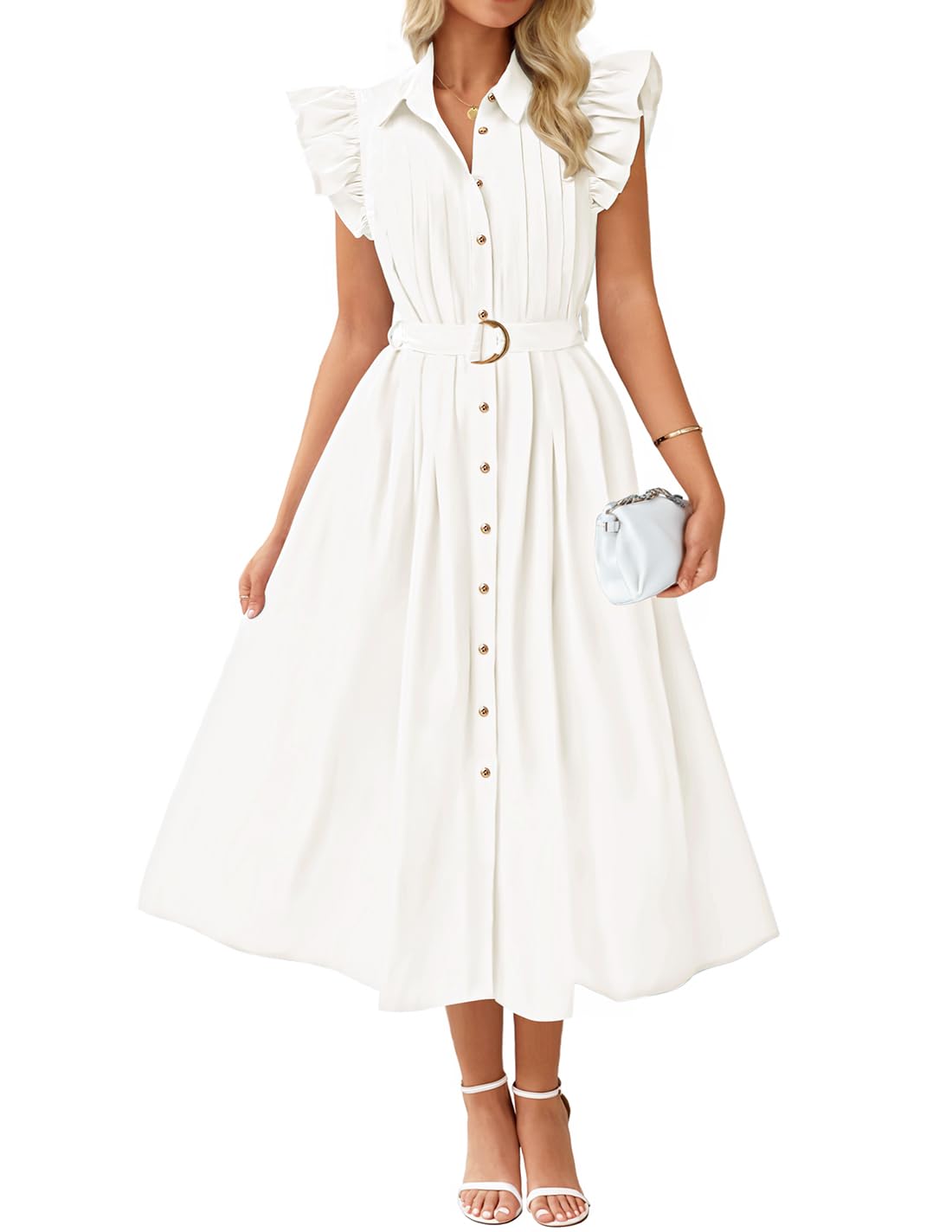 Luxuii Boho Button Casual V Neck Flutter Sleeve Belted Long Dresses