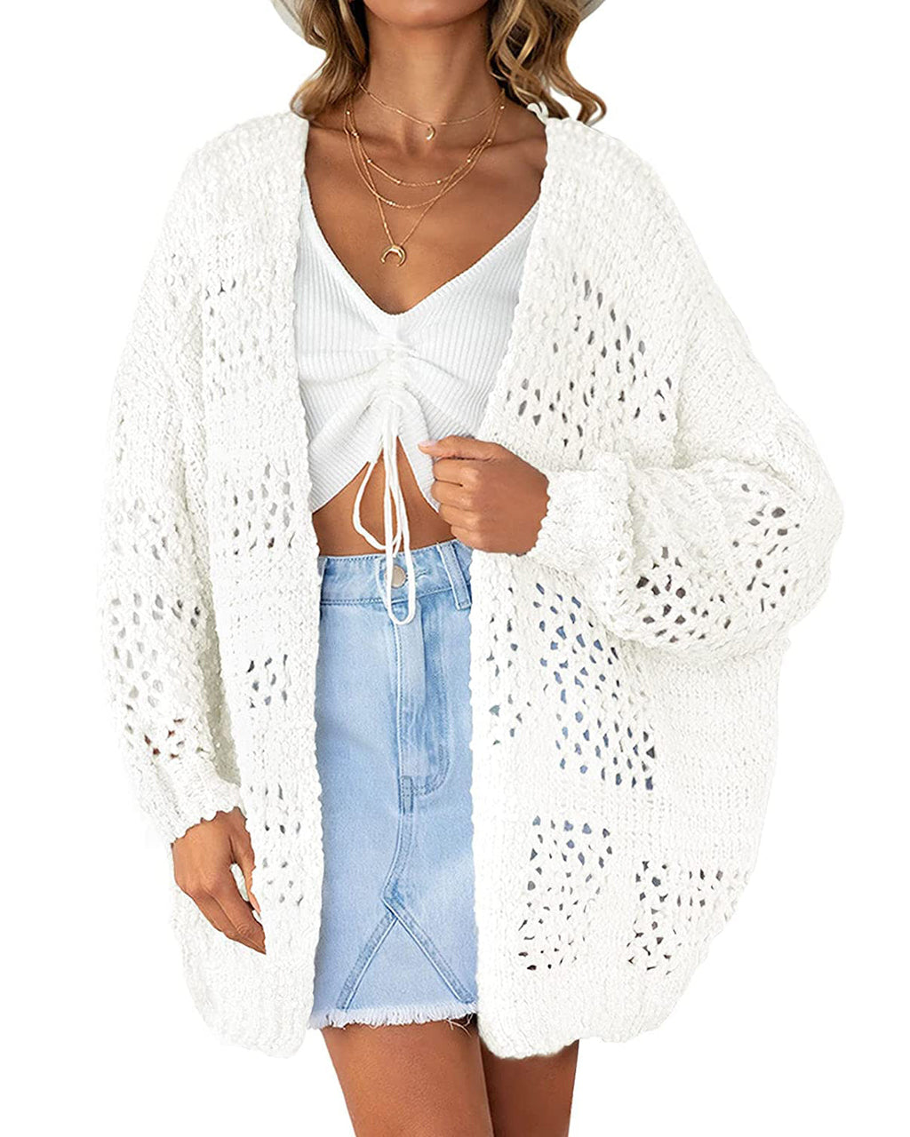 Luxuii Batwing Sleeve Crochet Hollow Cardigan