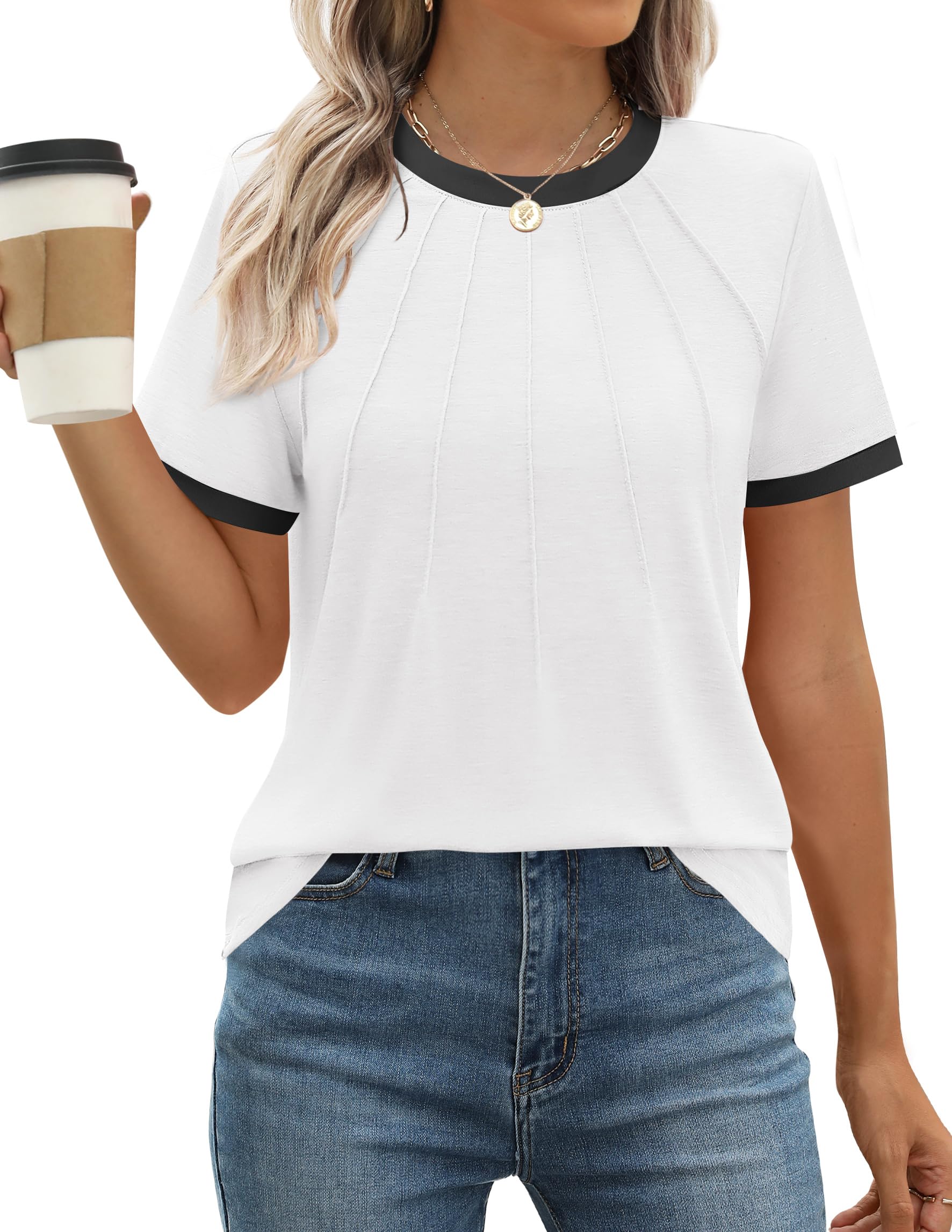 Luxuii WShort Sleeve Pleated Shirts Crewneck Color Block Tops