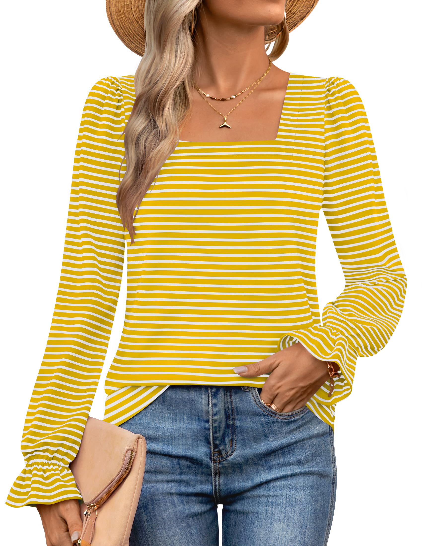Luxuii Square Neck Shirts Fall Causal Trendy Tunic Tops