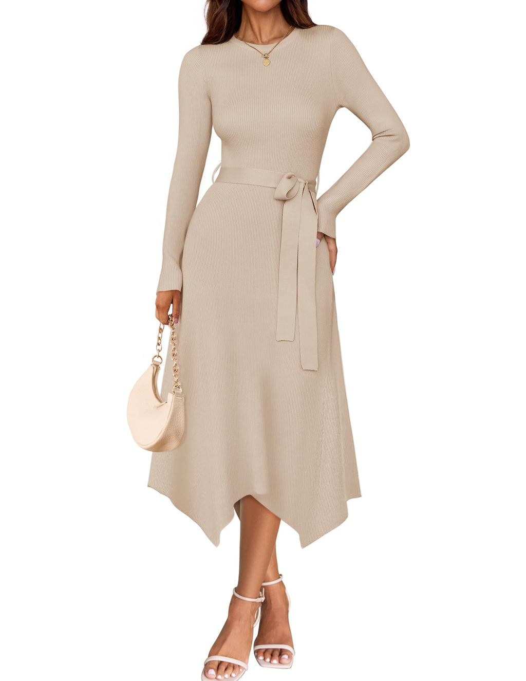 Luxuii Crewneck Ribbed Knit High Waist Midi Sweater Dresses