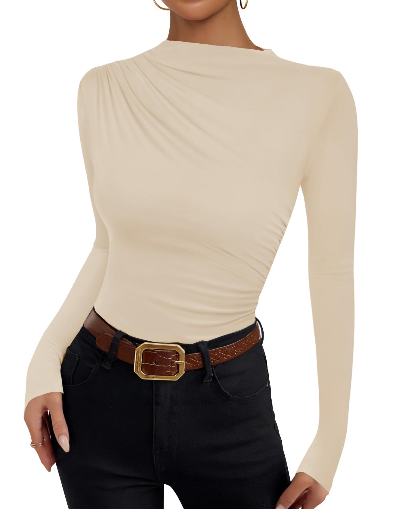 Luxuii Women's Long Sleeve Tops Mock Neck Ruched Tight Shirts