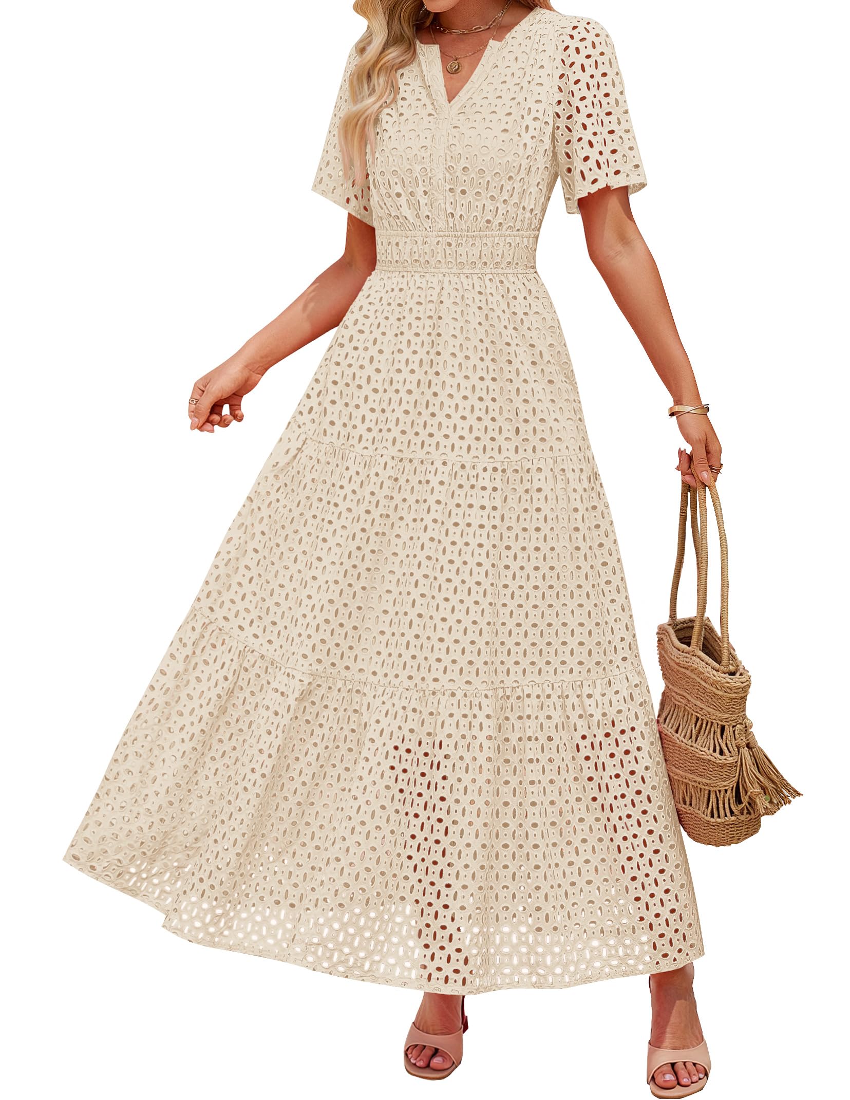 Luxuii V Neck Hollow Out Eyelet Ruffle Swing A Line Long Dresses