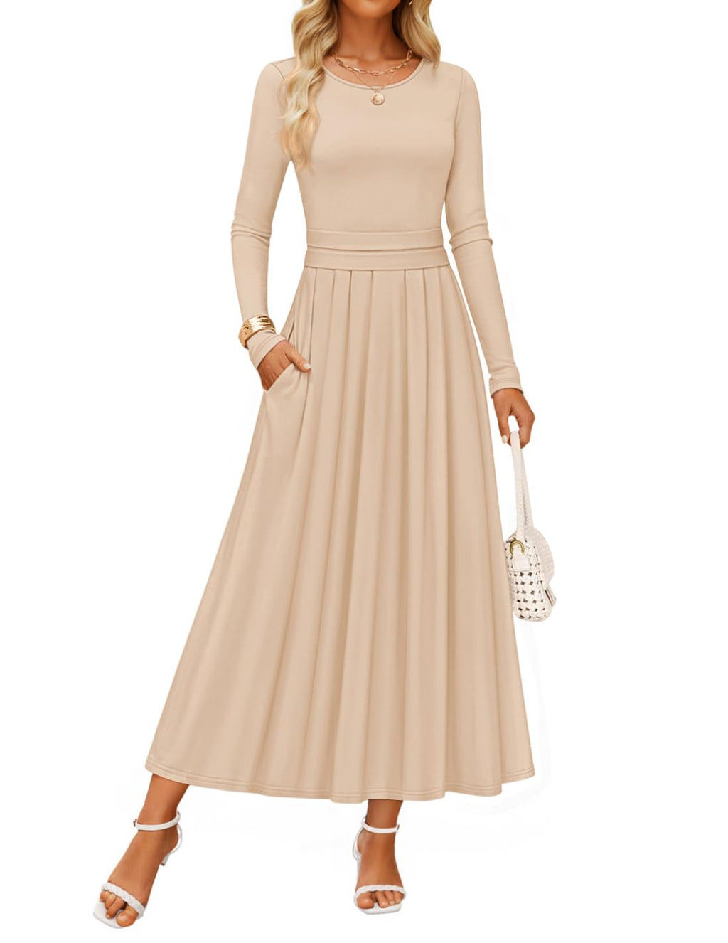 Luxuii Elegant Crewneck Knit High Wasit Pleated Flowy A Line Dresses