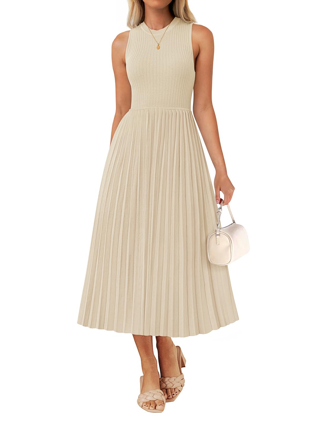 Luxuii Casual Crewneck Ribbed Knit Pleated A Line Swing Dress