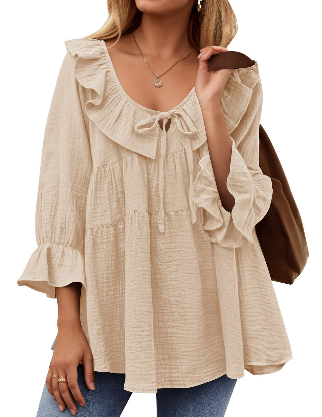 Luxuii Casual Tie Front Ruffle Tiered Loose Tunic Shirts