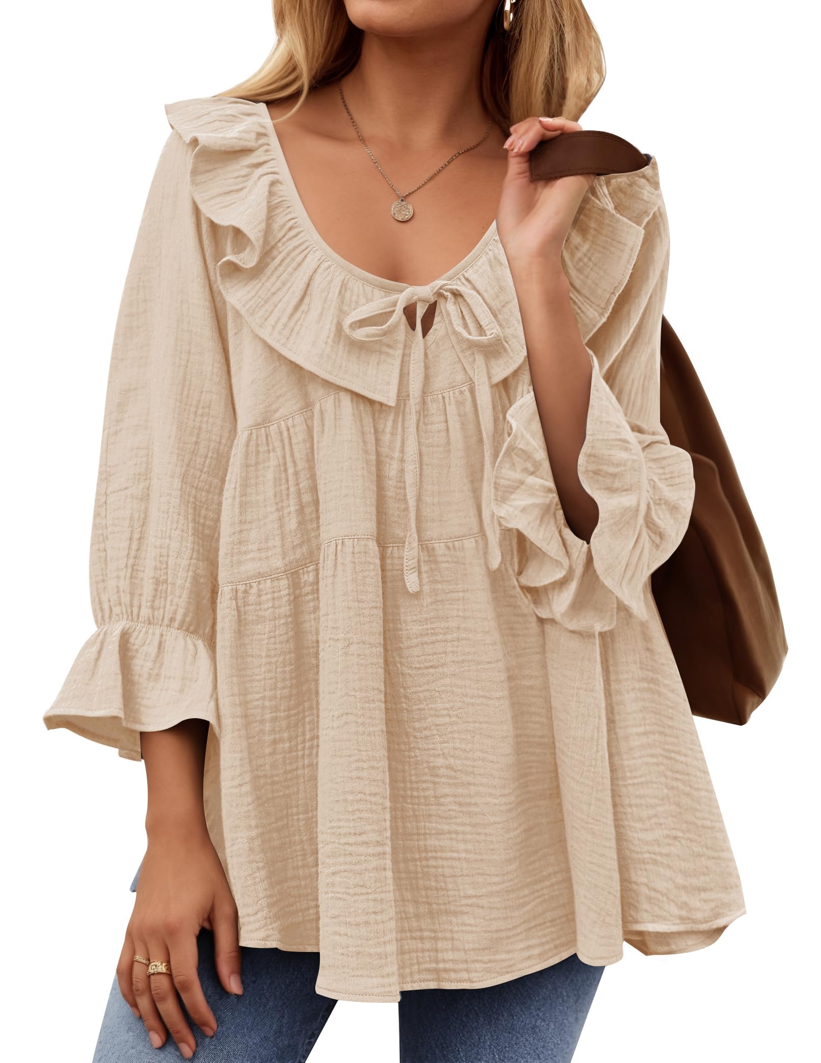 Luxuii Casual Tie Front Ruffle Tiered Loose Tunic Shirts