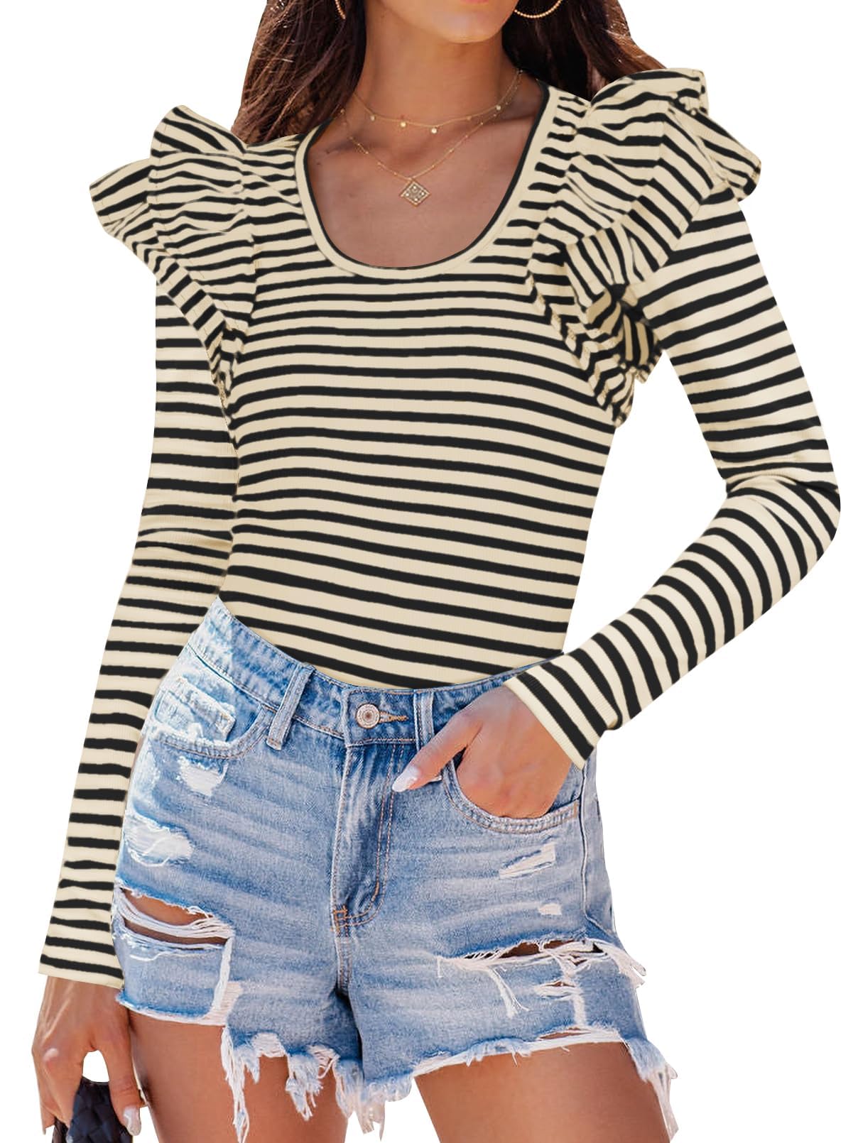 Luxuii Neck Shirt Striped Slim Fitted Casual Basic Tee Tops
