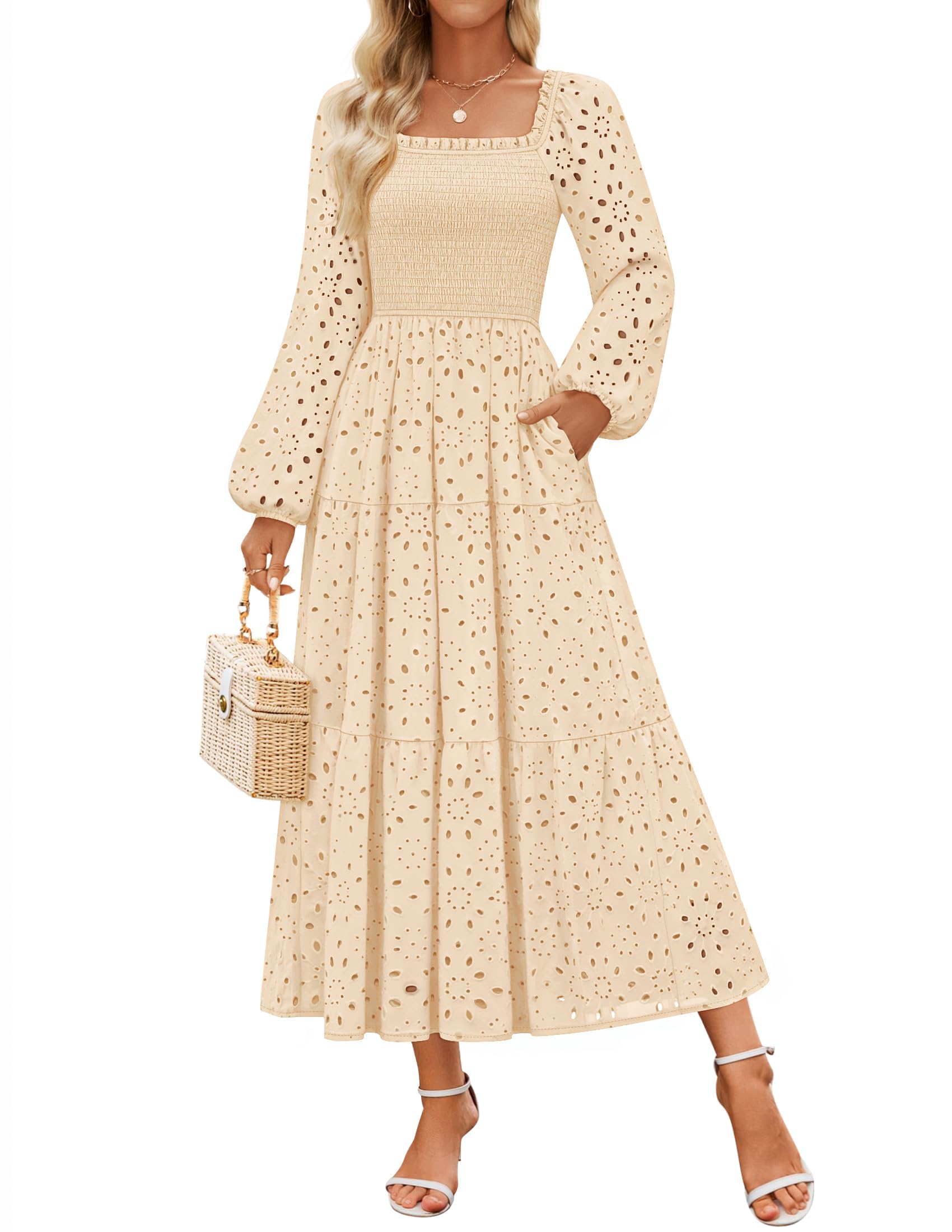 Luxuii Square Neck Hollow Out Eyelet Smocked A Line Boho Dress