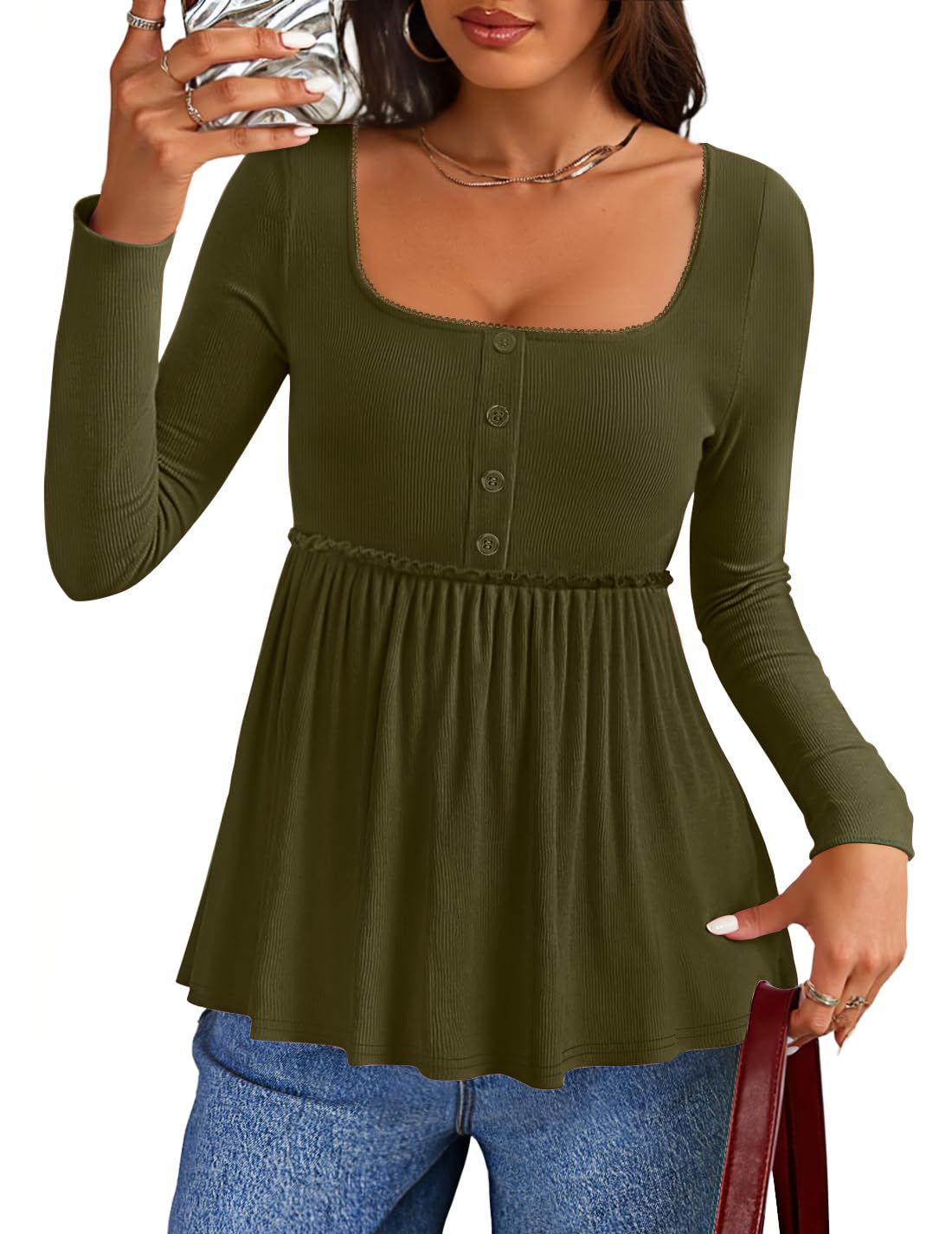 Luxuii Square Neck Tops Henley Babydoll Peplum Button Blouse