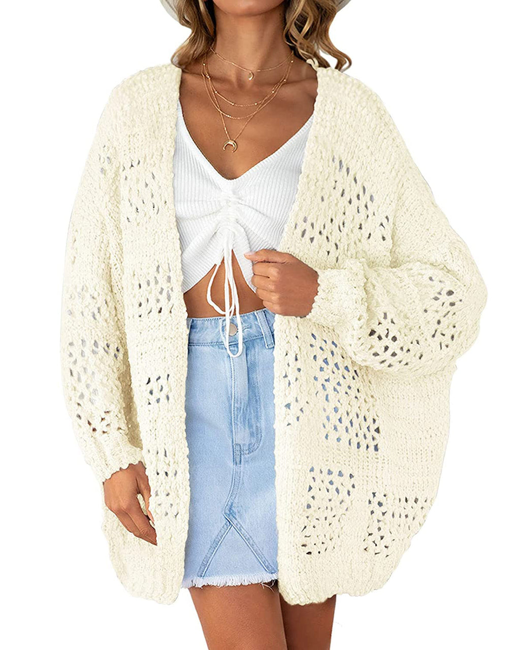 Luxuii Batwing Sleeve Crochet Hollow Cardigan