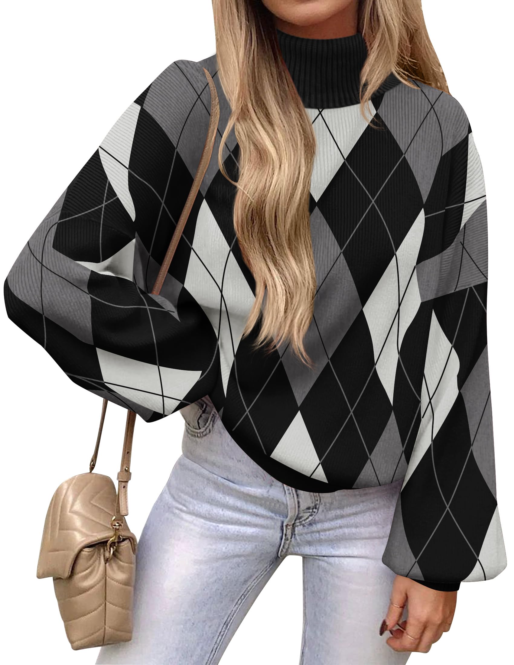 Luxuii Turtleneck Long Sleeve Ribbed Knit Loose Pullover Tops