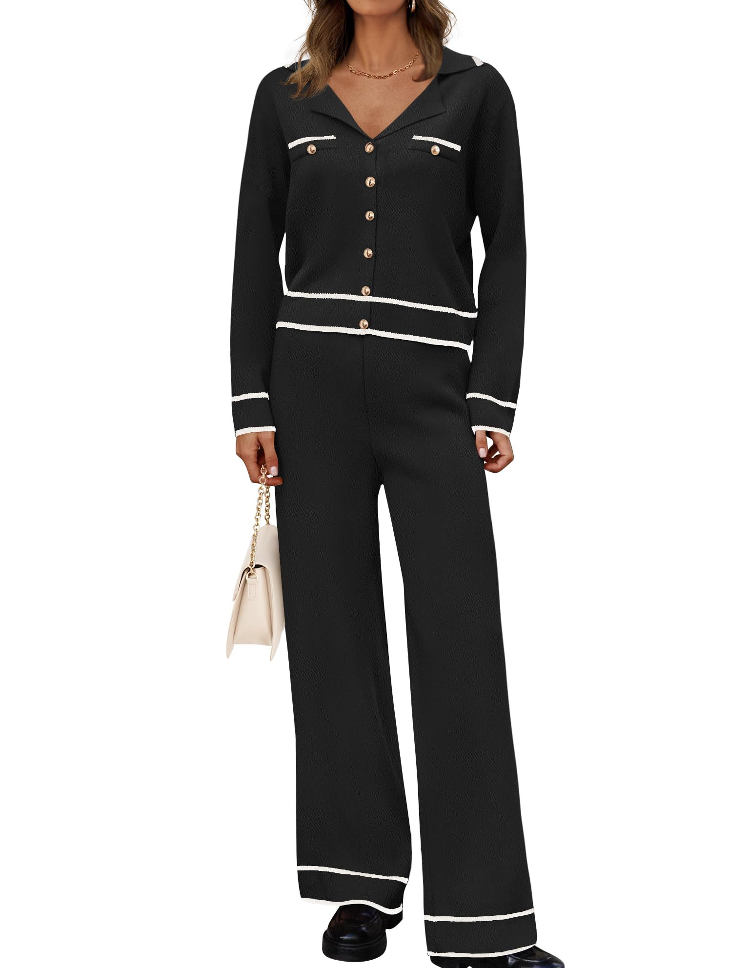 Luxuii Casual Long Sleeve V Neck Sweater Shirts Matching Lounge Sets