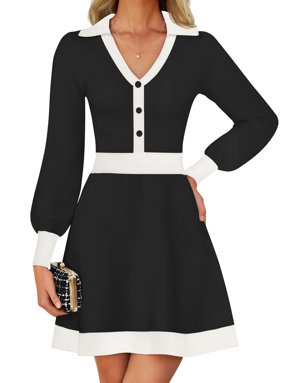 Luxuii V Neck Sweater Dress Collar Ribbed Knit Mini Dresses