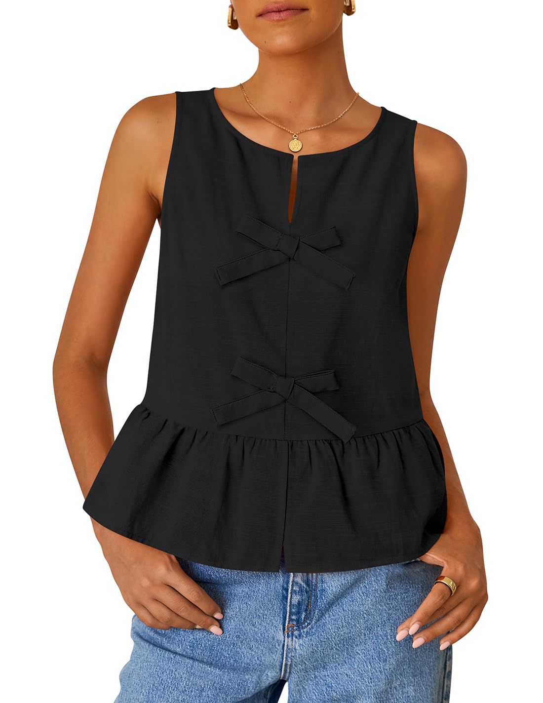 Luxuii Tank Tops Tie Front Ruffle Peplum Babydoll Blouses