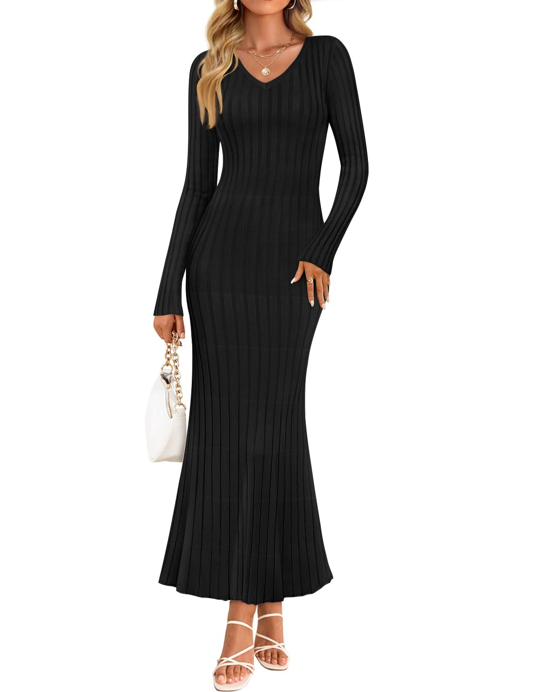 Luxuii Fall Sweater V Neck Ribbed Knit Party Cocktail Bodycon Dresses