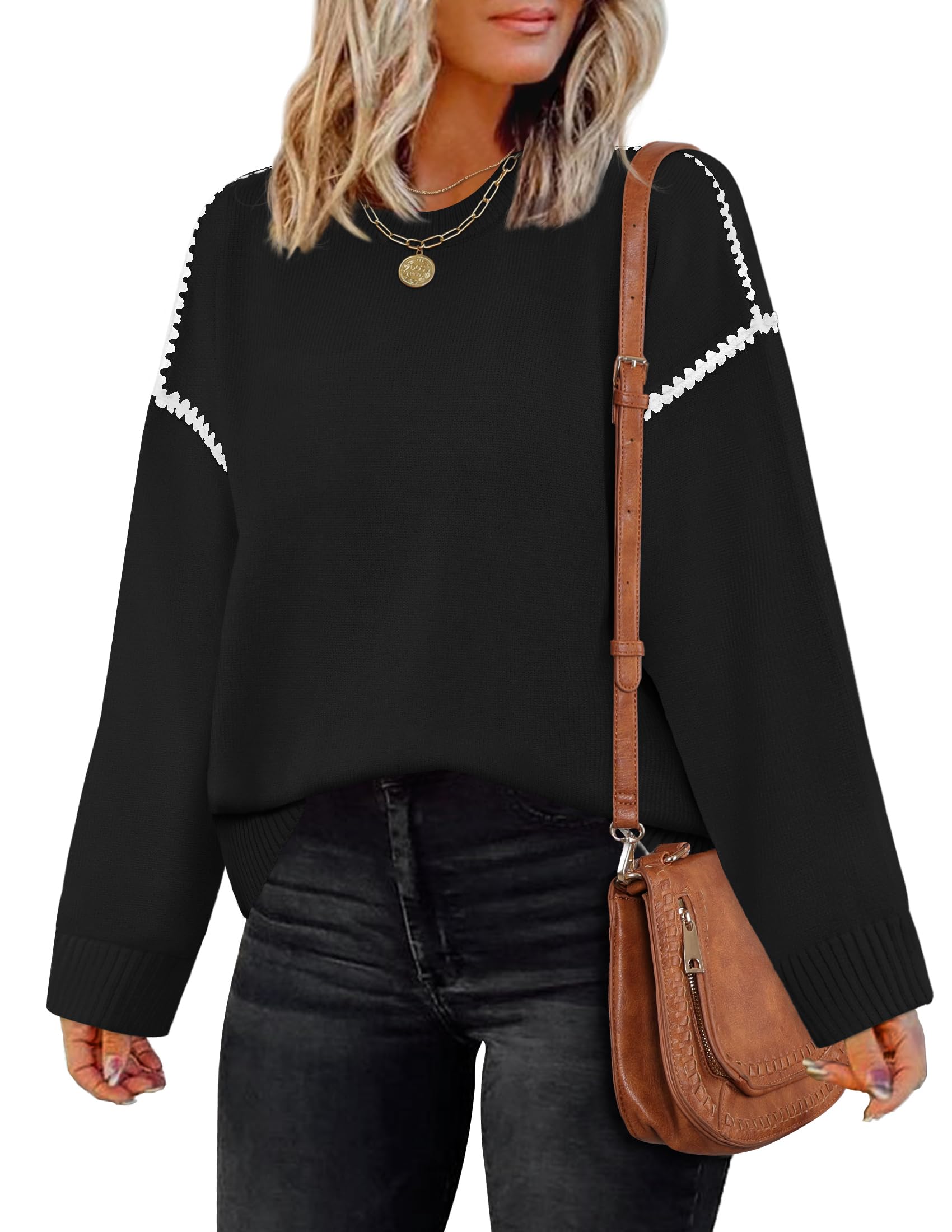 Luxuii Sweaters Crew Neck Loose Fit Ribbed Knit Color Block Soft Pullover Top