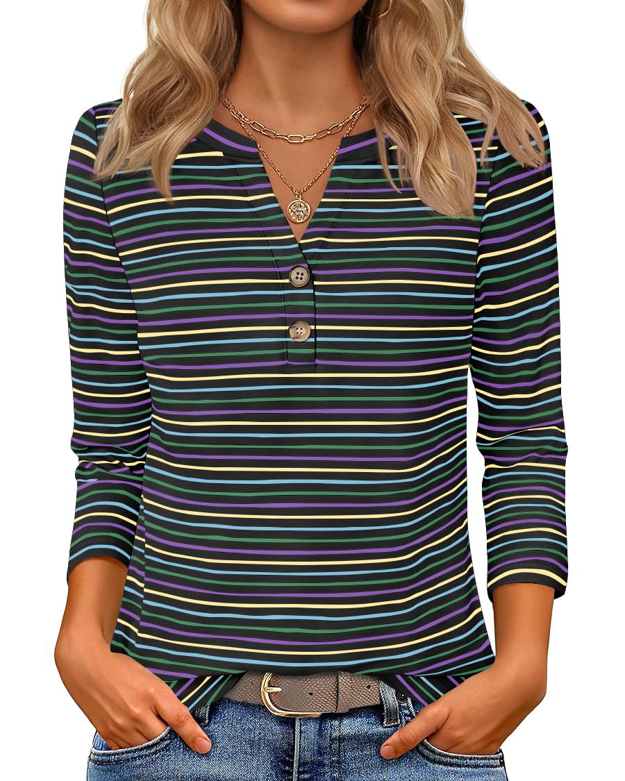Luxuii Boho Striped Henley Shirts 3/4 Sleeve Tops Casual Blouses
