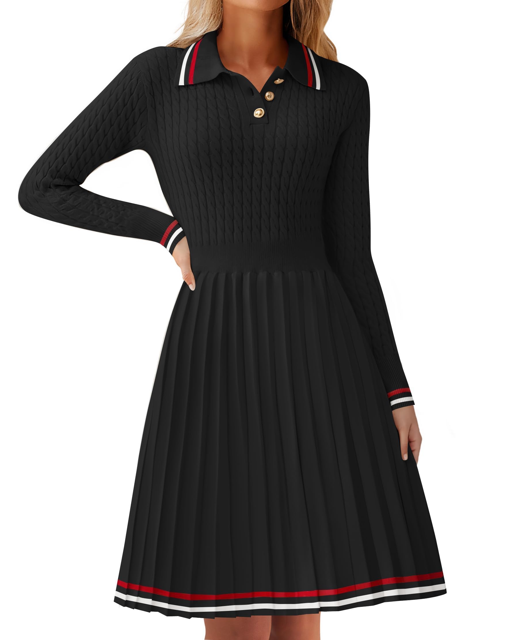 Luxuii Cable Ribbed Knit A Line Swing Pleated Dresses