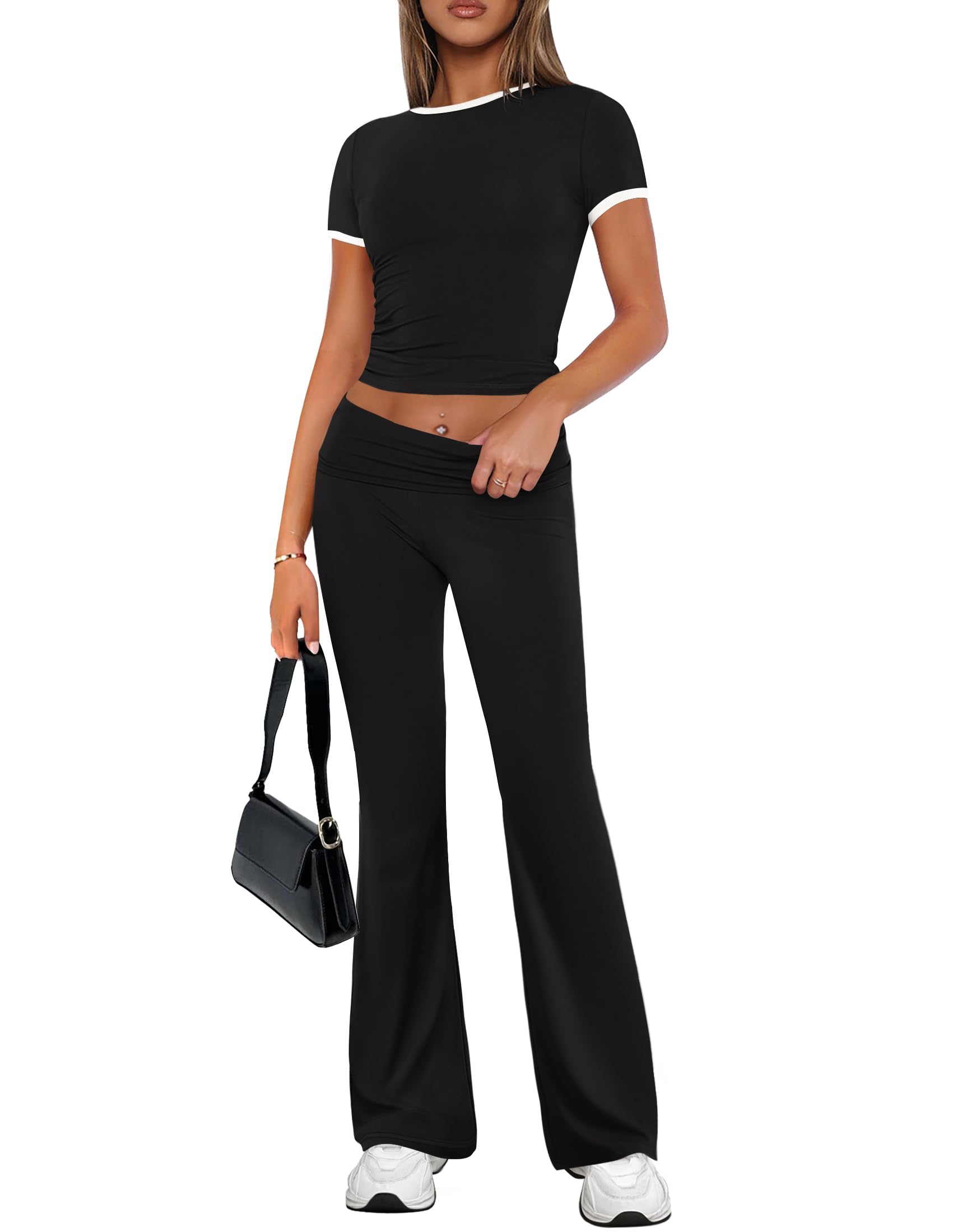 Luxuii Short Sleeve Knit Crop Top High Waist Flare Pants Tracksuits